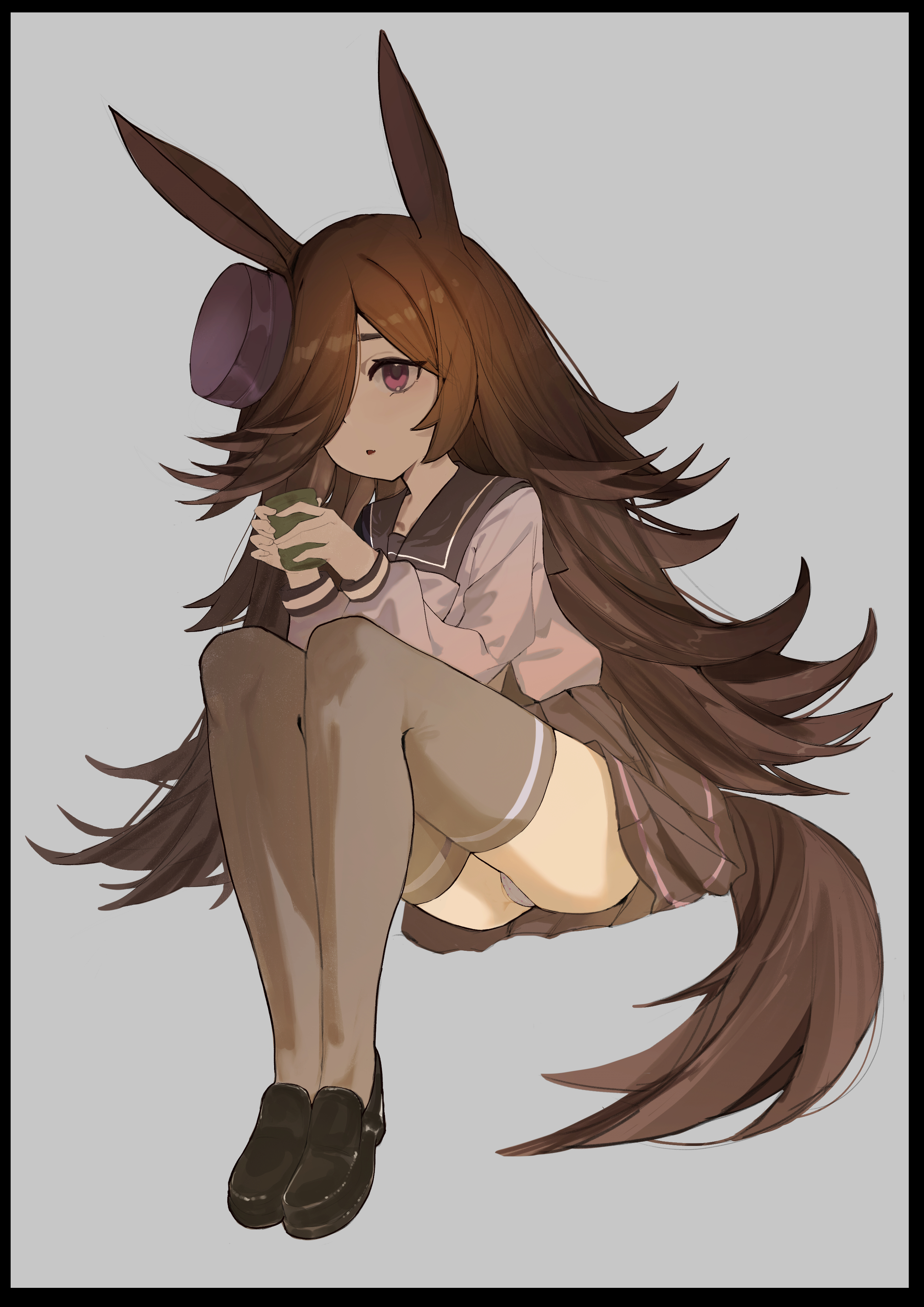 rice shower (umamusume), umamusume, absurdres, commentary request, highres, 1girl, animal ears, black sailor collar, black shoes, black skirt, blush, brown hair, cup, duckman (user agwh8823), grey thighhighs, hair over one eye, hat, holding, holding cup, horse ears, horse girl, horse tail, long hair, open mouth, panties, purple hat, sailor collar, shirt, shoes, skirt, solo, tail, thighhighs, underwear, white panties, white shirt