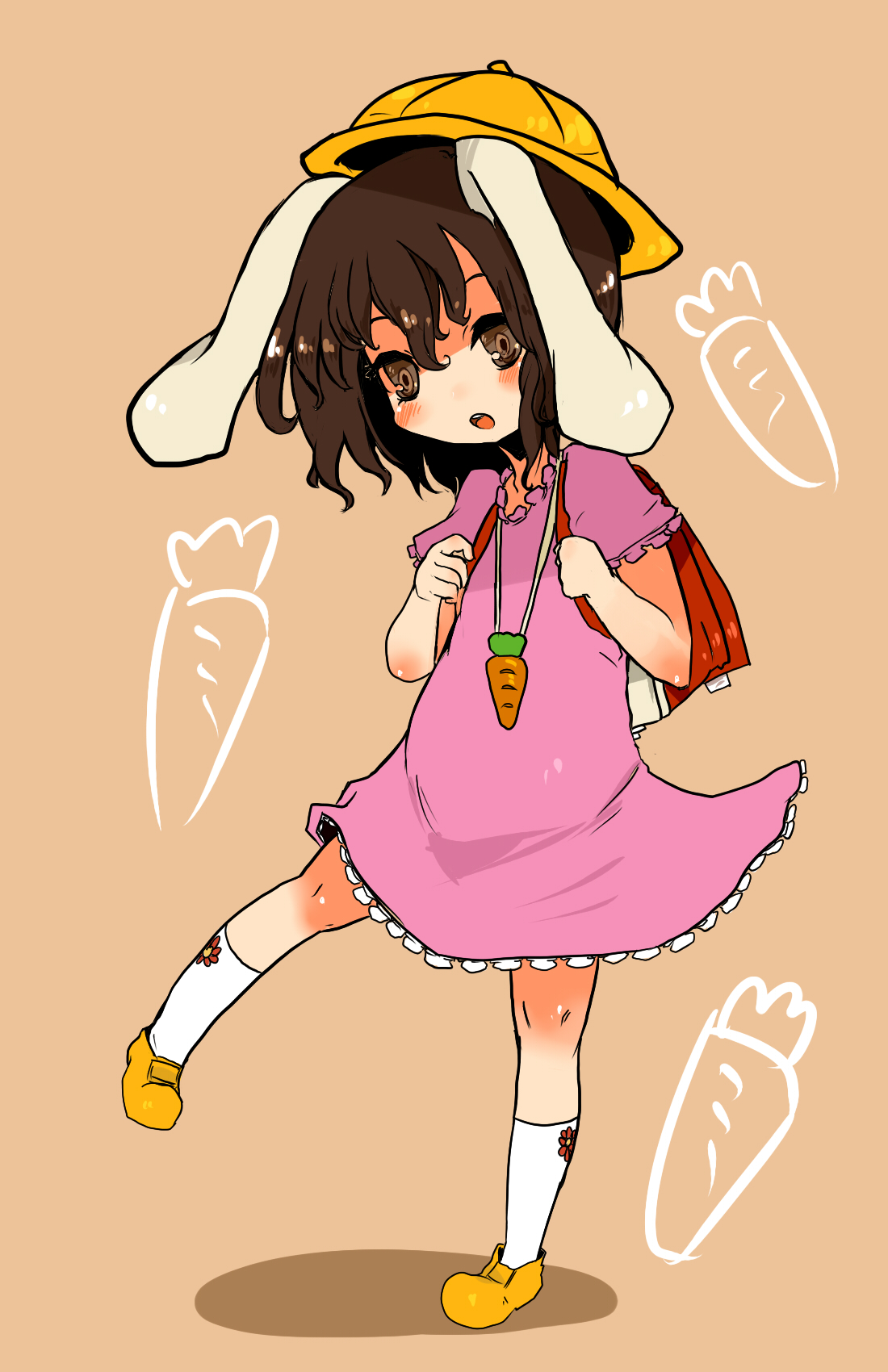 sottan, inaba tewi, touhou, bad id, bad pixiv id, highres, 1girl, animal ears, backpack, bag, brown eyes, brown hair, dress, female focus, full body, hat, rabbit ears, randoseru, shoes, short hair, simple background, socks, solo, standing