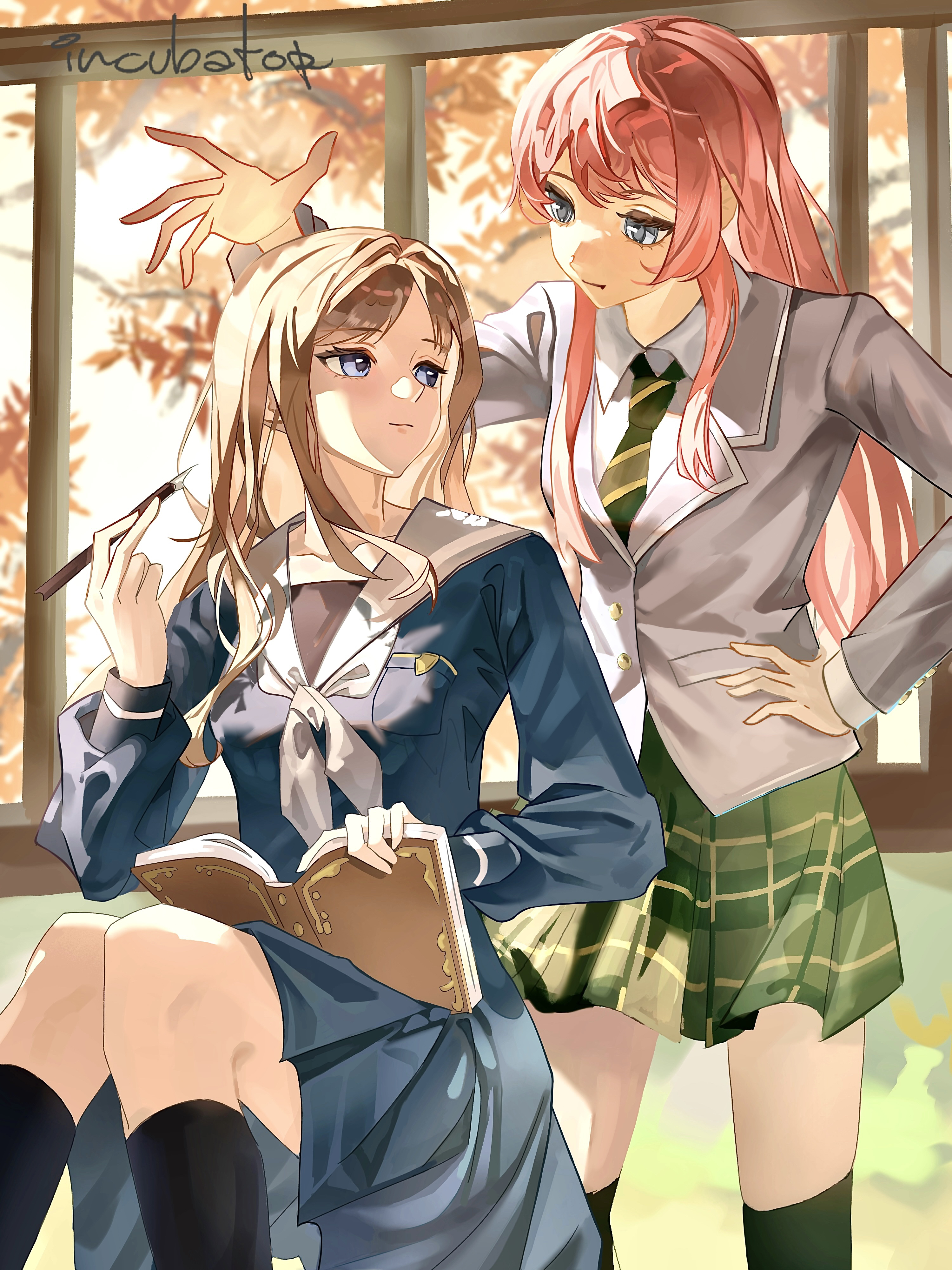 chihaya anon, nagasaki soyo, bang dream!, bang dream! it's mygo!!!!!, absurdres, chinese commentary, commentary request, highres, 2girls, black socks, blue eyes, blue shirt, blue skirt, book, breasts, brown hair, closed mouth, diagonal-striped clothes, diagonal-striped necktie, fang, green necktie, green skirt, grey eyes, grey neckerchief, hand on own hip, haneoka school uniform, kneehighs, long hair, long sleeves, multiple girls, neckerchief, necktie, open book, pink hair, pleated skirt, school uniform, shirt, sidelocks, sitting, skirt, socks, standing, striped clothes, tsukinomori school uniform, white shirt, wu fuzuoyong