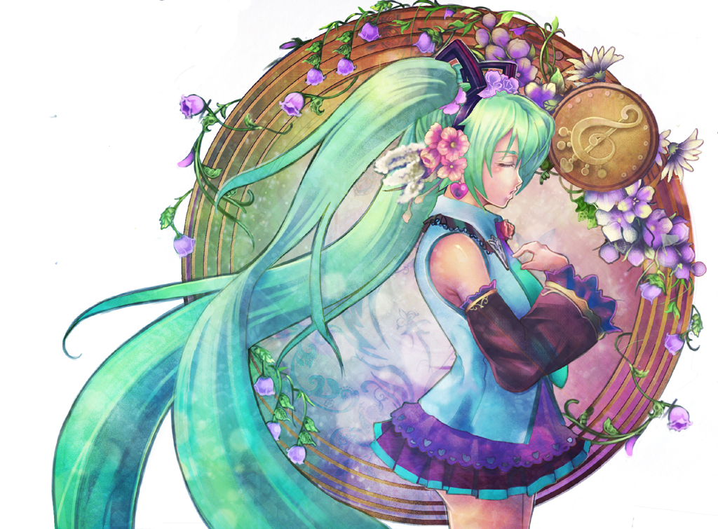 taka (sanoujo358), hatsune miku, vocaloid, 1girl, aqua hair, closed eyes, detached sleeves, female focus, flower, long hair, necktie, skirt, solo, twintails, very long hair