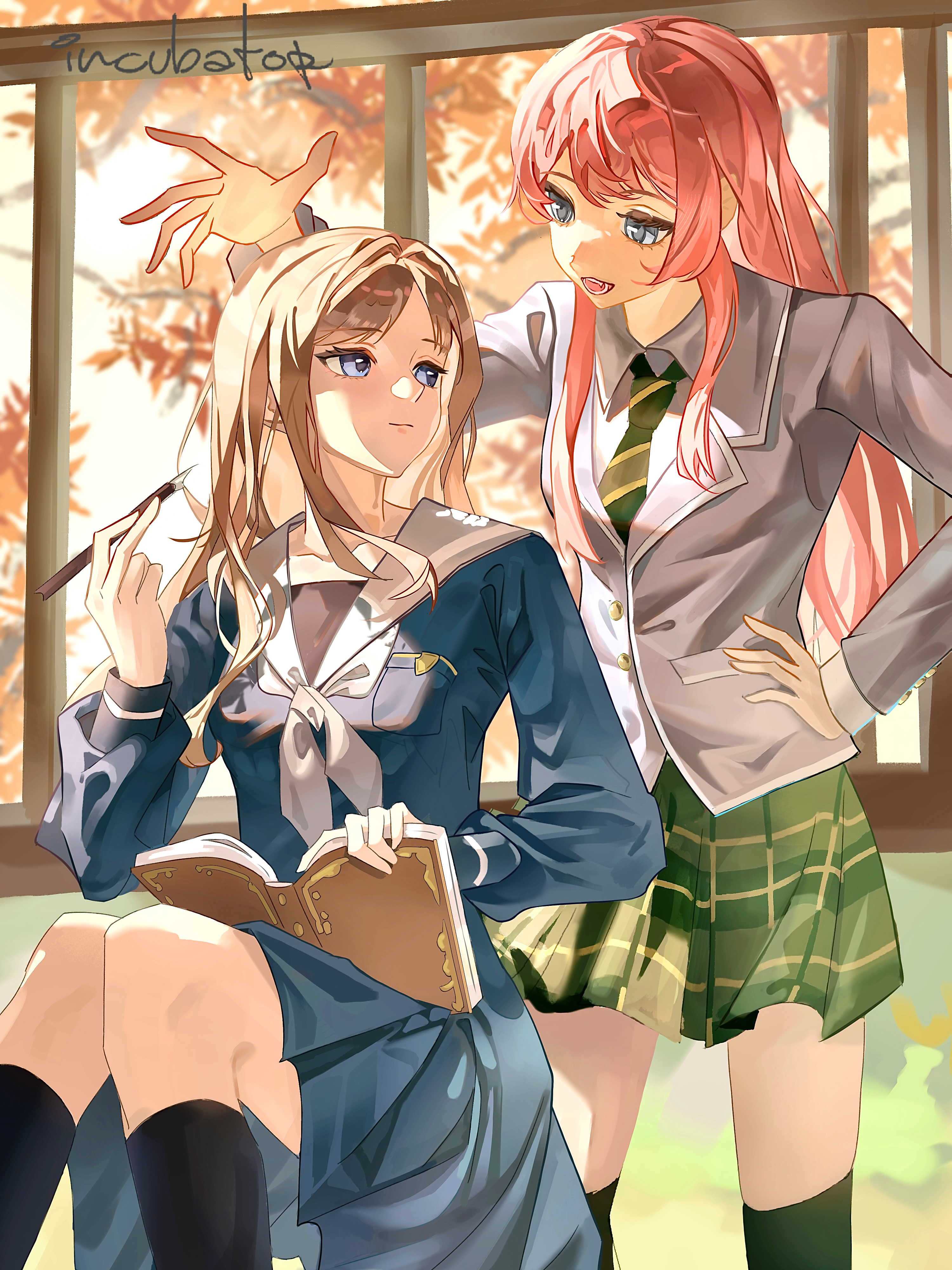 chihaya anon, nagasaki soyo, bang dream!, bang dream! it's mygo!!!!!, absurdres, chinese commentary, commentary request, highres, 2girls, black socks, blue eyes, blue shirt, blue skirt, book, breasts, brown hair, closed mouth, diagonal-striped clothes, diagonal-striped necktie, fang, green necktie, green skirt, grey eyes, grey neckerchief, hand on own hip, haneoka school uniform, kneehighs, long hair, long sleeves, multiple girls, neckerchief, necktie, open book, open mouth, pink hair, pleated skirt, school uniform, shirt, sidelocks, sitting, skirt, socks, standing, striped clothes, teeth, tsukinomori school uniform, white shirt, wu fuzuoyong