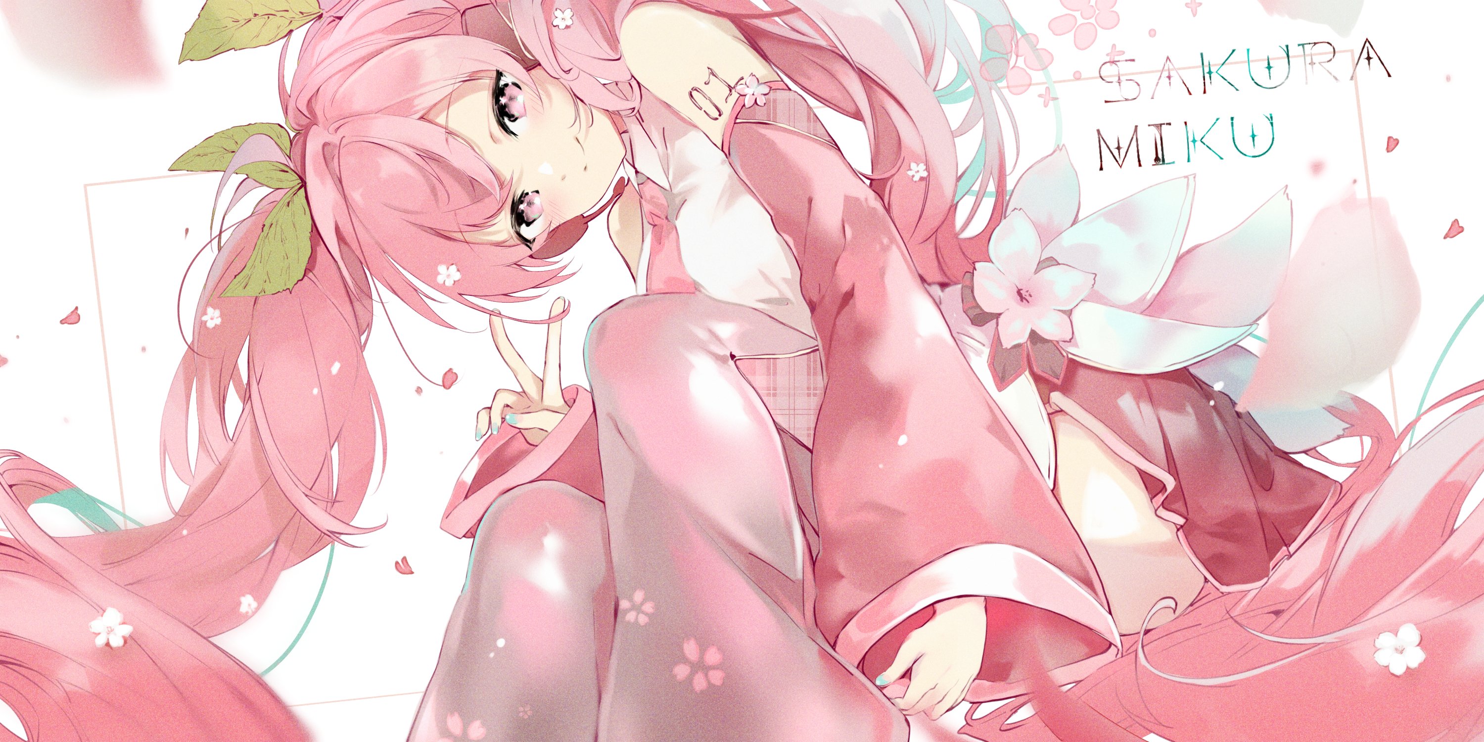 oyamada gamata, hatsune miku, sakura miku, vocaloid, commentary request, highres, 1girl, aqua nails, arm tattoo, boots, breasts, character name, cherry blossoms, cherry hair ornament, closed mouth, collared shirt, detached sleeves, food-themed hair ornament, frilled shirt, frills, hair between eyes, hair ornament, long hair, long sleeves, looking at viewer, miniskirt, nail polish, necktie, number tattoo, official alternate costume, pink boots, pink eyes, pink hair, pink necktie, pink skirt, pink sleeves, pink theme, pink trim, pleated skirt, shirt, skirt, sleeveless, sleeveless shirt, small breasts, smile, solo, tattoo, thigh boots, twintails, v, very long hair, white shirt, white trim