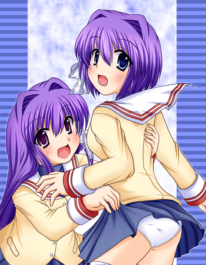 cross (artist), cross (crossryou), fujibayashi kyou, fujibayashi ryou, clannad, 00s, 2girls, :d, blue eyes, blush, clothes lift, long hair, multiple girls, open mouth, panties, purple eyes, purple hair, school uniform, short hair, siblings, sisters, skirt, skirt lift, smile, twins, underwear