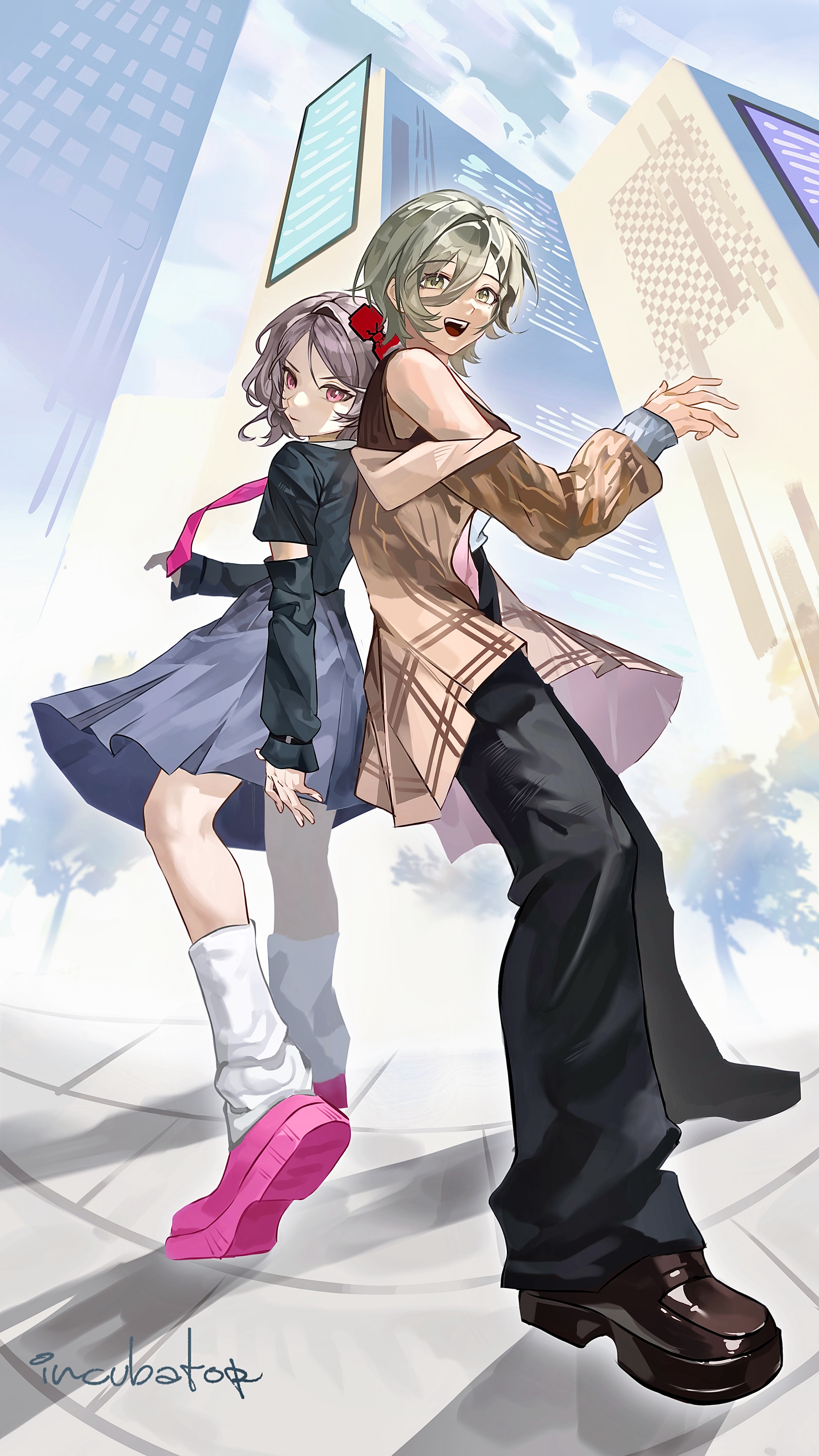 ebizuka tomo, rupa (girls band cry), girls band cry, absurdres, chinese commentary, commentary request, highres, 2girls, back-to-back, black pants, black shirt, bow, brown coat, brown hair, brown tank top, building, closed mouth, coat, detached sleeves, grey hair, grey skirt, hair between eyes, hair bow, leg warmers, long hair between eyes, long sleeves, mole, mole under eye, multiple girls, necktie, off shoulder, open clothes, open coat, open mouth, pants, pink eyes, pink necktie, pink shoes, red bow, shirt, shoes, short hair, skirt, tank top, teeth, upper teeth only, white leg warmers, wu fuzuoyong