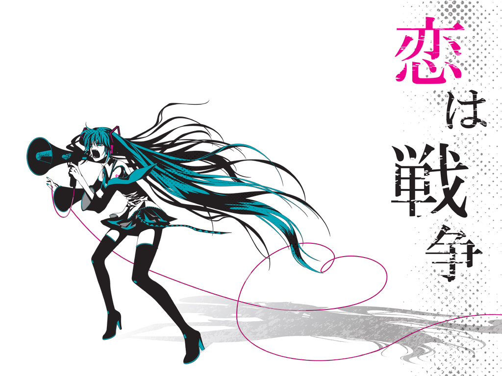 shinobu (artist), hatsune miku, koi wa sensou (vocaloid), vocaloid, bad id, bad pixiv id, 1girl, aqua eyes, aqua hair, detached sleeves, female focus, headphones, headset, legs, long hair, megaphone, necktie, open mouth, skirt, solo, thighhighs, twintails, very long hair, white background, zettai ryouiki
