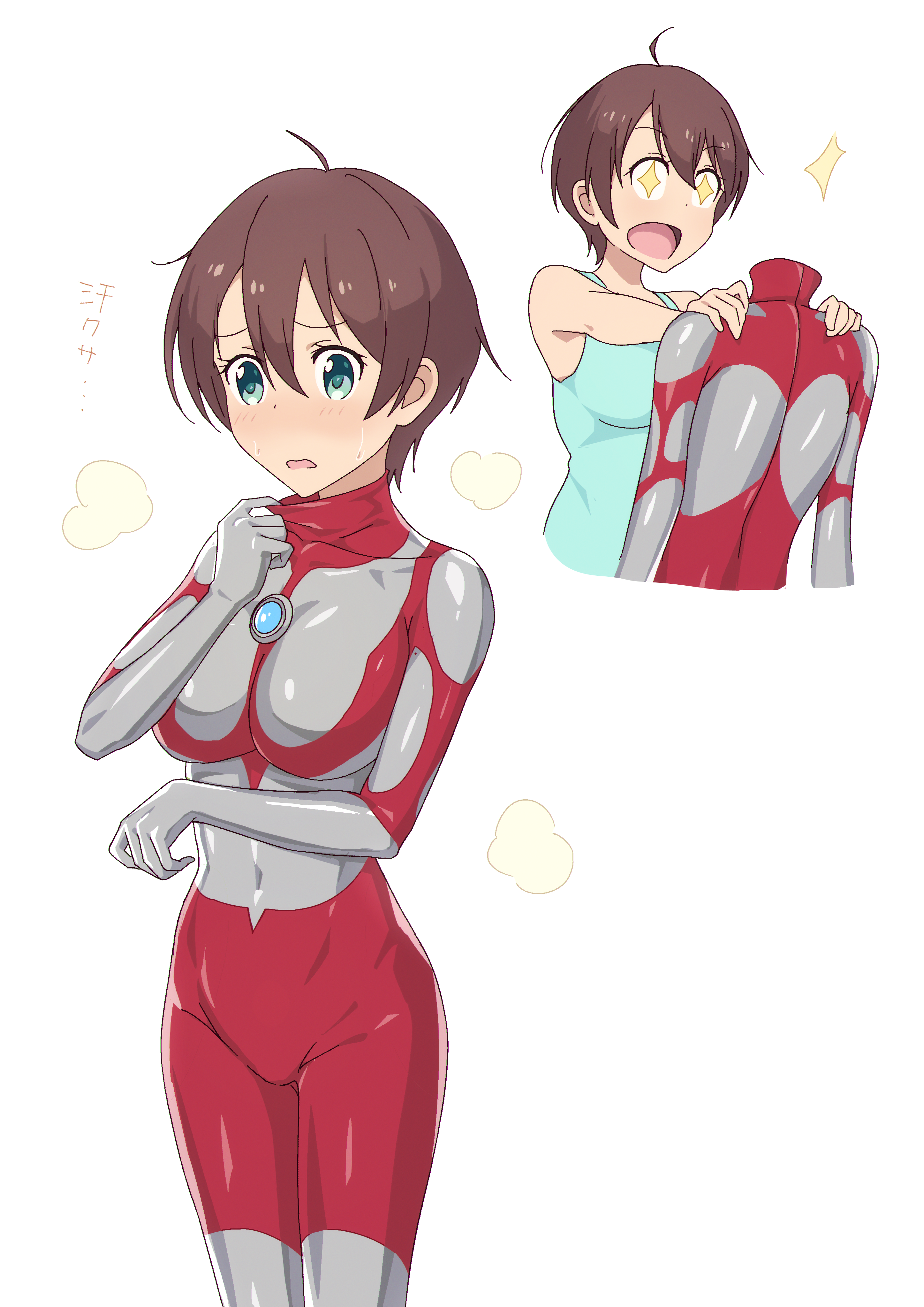 honma0220, shinoda hajime, ultraman, new game!, tokusatsu, ultra series, ultraman (1st series), absurdres, commentary, commission, highres, pixiv commission, translated, + +, 1girl, :o, ahoge, aqua tank top, bare arms, bare shoulders, blush, bodysuit, breasts, brown hair, collar tug, collarbone, color timer, cosplay, covered navel, cowboy shot, cropped torso, furrowed brow, green eyes, groin, hair between eyes, hand up, holding, holding unworn clothes, hot, large breasts, legs together, looking at viewer, multicolored bodysuit, multiple views, open mouth, outstretched arms, red bodysuit, short hair, silver bodysuit, simple background, skin tight, split mouth, standing, steaming body, sweat, tank top, two-tone bodysuit, ultraman (cosplay), unworn bodysuit, white background