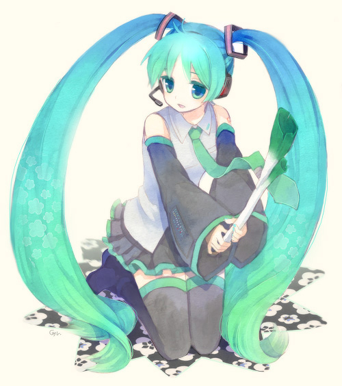 gomas, gura (pixiv405035), hatsune miku, vocaloid, bad id, bad pixiv id, 1girl, aqua eyes, aqua hair, blue hair, detached sleeves, female focus, gradient hair, headphones, headset, kneeling, long hair, multicolored hair, necktie, skirt, smile, solo, spring onion, thighhighs, twintails, very long hair, zettai ryouiki