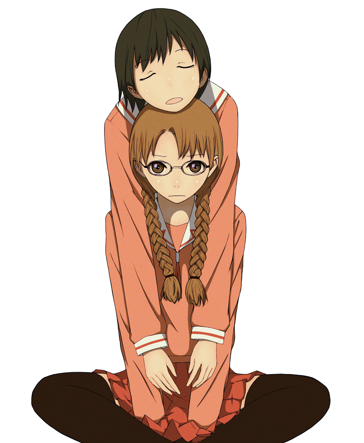 danhei sanshoku, mizuhara koyomi, takino tomo, azumanga daiou, 2girls, alternate hairstyle, black hair, black thighhighs, braid, brown eyes, brown hair, closed eyes, frown, glasses, hug, long hair, multiple girls, on head, school uniform, serafuku, short hair, sleeping, sleeping upright, thighhighs, twin braids