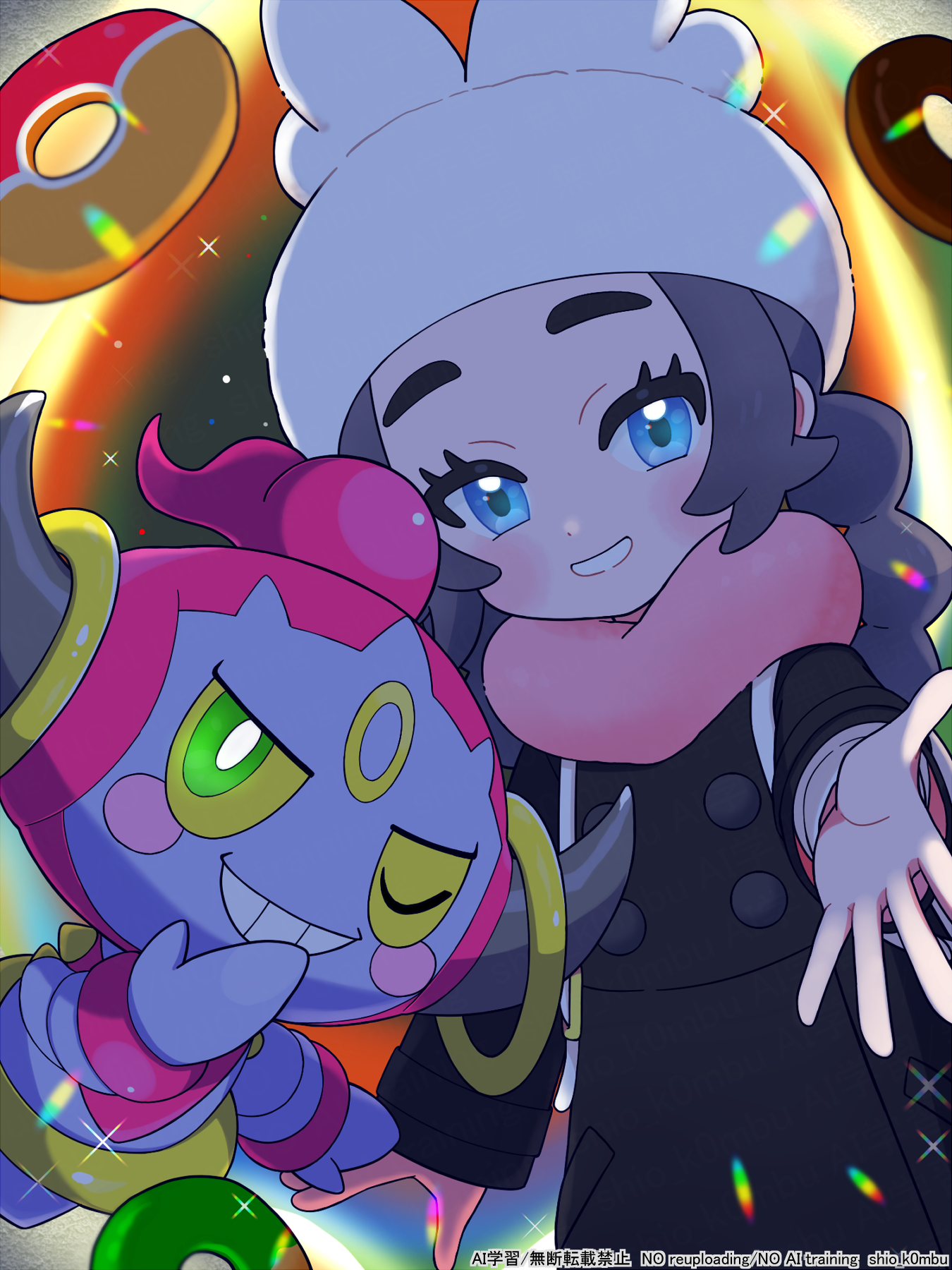 ansha (pokemon), hoopa, hoopa (confined), nintendo, pokemon, pokemon legends: z-a, commentary request, highres, 1girl, black coat, blue eyes, coat, donut, eyelashes, food, gen 6 pokemon, grin, hat, legendary pokemon, long hair, long sleeves, looking at viewer, mythical pokemon, pink scarf, pokemon (creature), scarf, shiokonbu., smile, sparkle, spread fingers, teeth, watermark, white hat