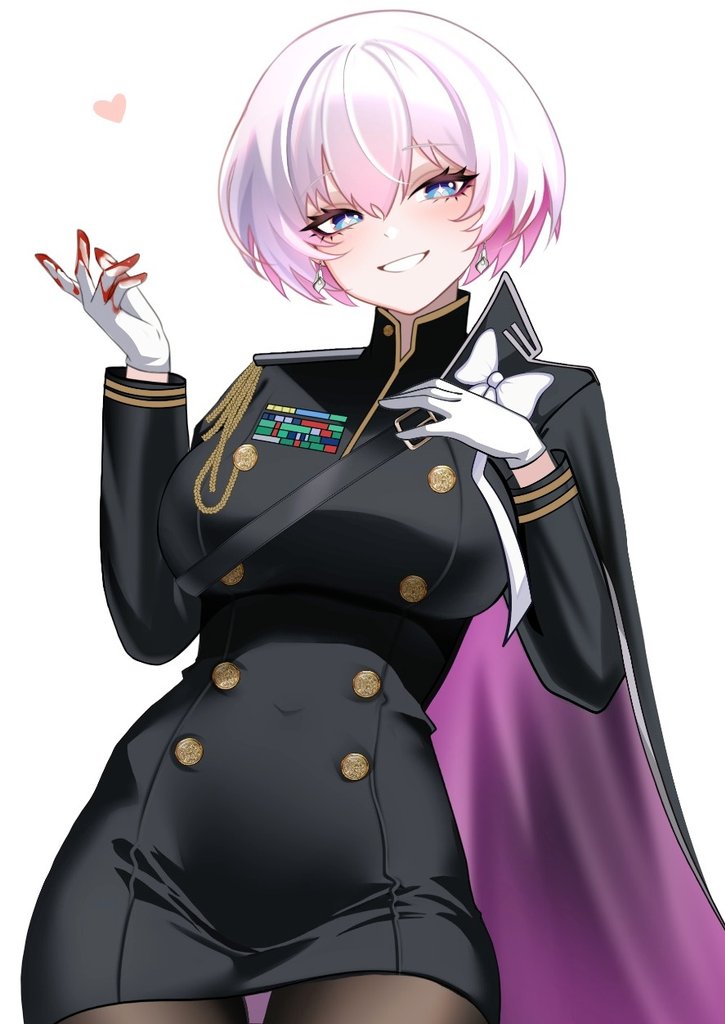 velmillix, liliweiss (nikke), goddess of victory: nikke, commentary, 1girl, black cape, black dress, black pantyhose, blood, blood on hands, blue eyes, breasts, cape, dress, gloves, heart, large breasts, looking at viewer, multicolored hair, pantyhose, pink hair, short hair, simple background, smile, solo, star-shaped pupils, star (symbol), symbol-shaped pupils, two-tone hair, white background, white gloves