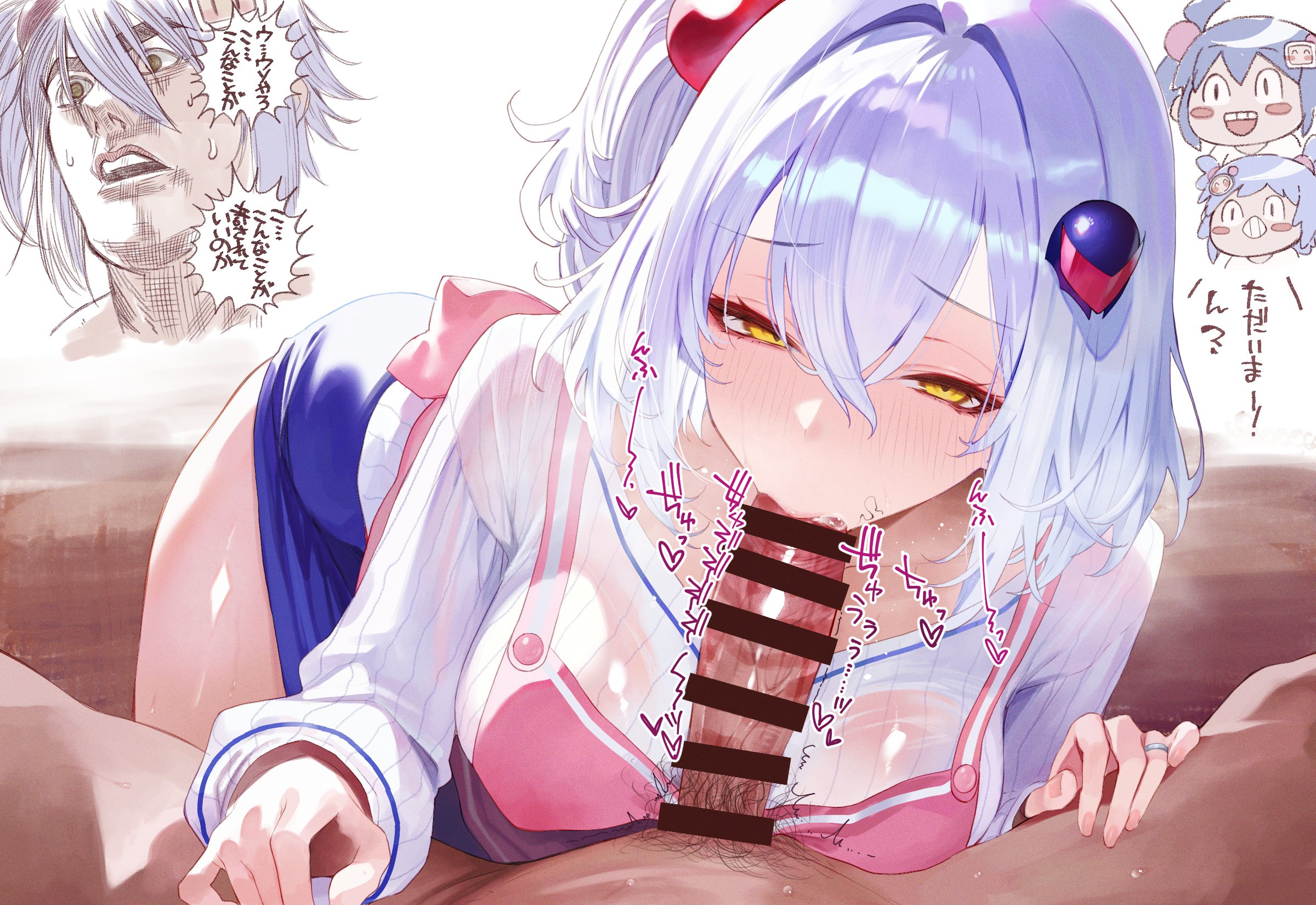 suujiniku, shiro (bombergirl), shiroe (bombergirl), shiron (bombergirl), white bomberman, bombergirl, highres, translation request, 1boy, 3girls, :>=, bar censor, blue hair, blue skirt, breasts, censored, fellatio, hair between eyes, hair ornament, hetero, jewelry, large breasts, long sleeves, looking at viewer, male pubic hair, mother and daughter, multiple girls, oral, penis, pov, pov crotch, pubic hair, ring, short hair, side ponytail, skirt, sphere hair ornament, stray pubic hair, sweater, white sweater, yellow eyes