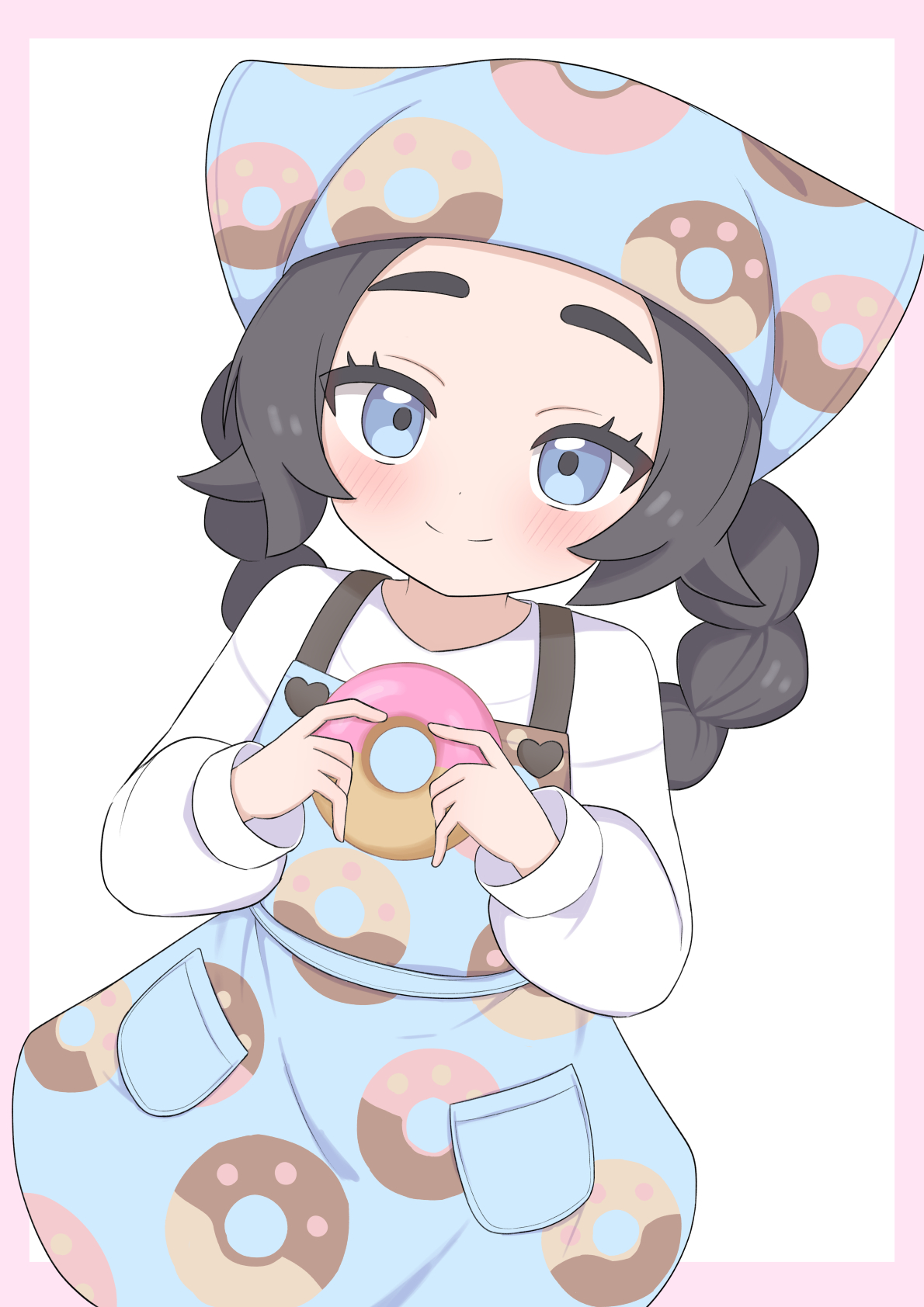 nisan ga6, ansha (pokemon), nintendo, pokemon, pokemon legends: z-a, commentary, highres, 1girl, apron, blue apron, blue eyes, border, closed mouth, donut, eyelashes, food, food print, hands up, happy, headscarf, holding, holding donut, holding food, long hair, long sleeves, looking at viewer, outside border, pink border, print apron, shirt, smile, solo, white background, white shirt