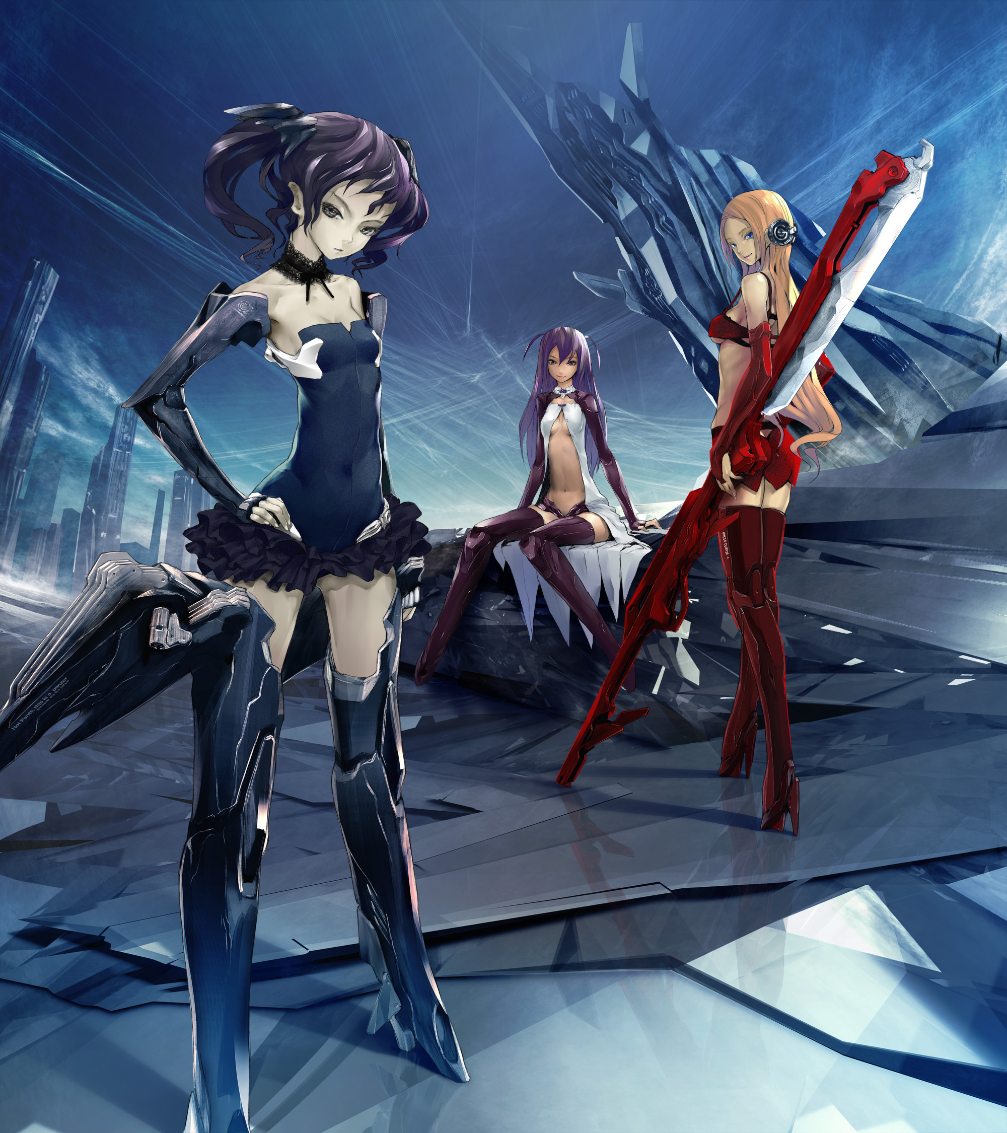 redjuice, original, highres, 3girls, blonde hair, blue eyes, breasts, cape, choker, cloud, dress, fingerless gloves, flat chest, gloves, grey eyes, hand on own hip, high heels, hip focus, mecha musume, medium breasts, miniskirt, multiple girls, open clothes, open shirt, purple hair, shirt, shoes, skirt, small breasts, thighhighs, underboob, weapon, zettai ryouiki