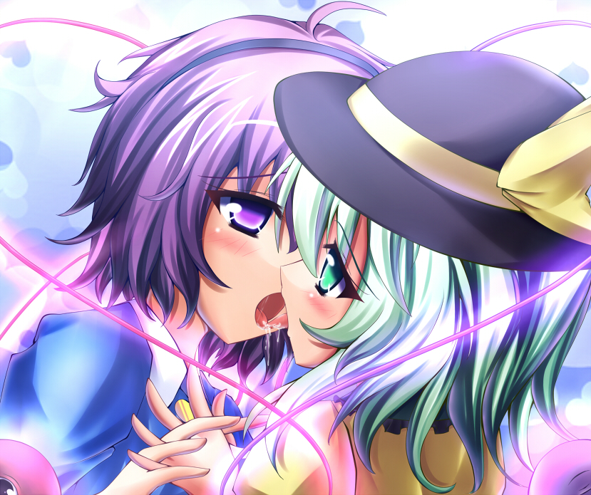 mikan (5555), komeiji koishi, komeiji satori, touhou, bad id, bad pixiv id, 2girls, female focus, french kiss, green eyes, green hair, hat, incest, kiss, multiple girls, purple eyes, purple hair, saliva, short hair, siblings, sisters, tongue, yuri