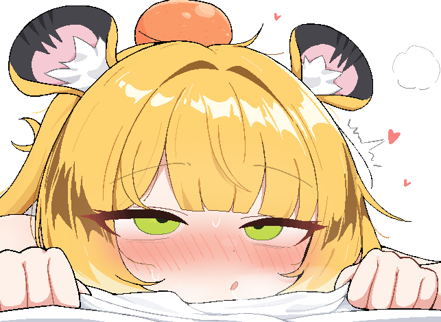 tagyeokgam, ju fufu, zenless zone zero, 1girl, animal ear fluff, animal ears, bed sheet, blonde hair, blush, food, food on head, fruit, fruit on head, green eyes, heart, long hair, mandarin orange, object on head, open mouth, portrait, sheet grab, simple background, solo, tiger ears, white background