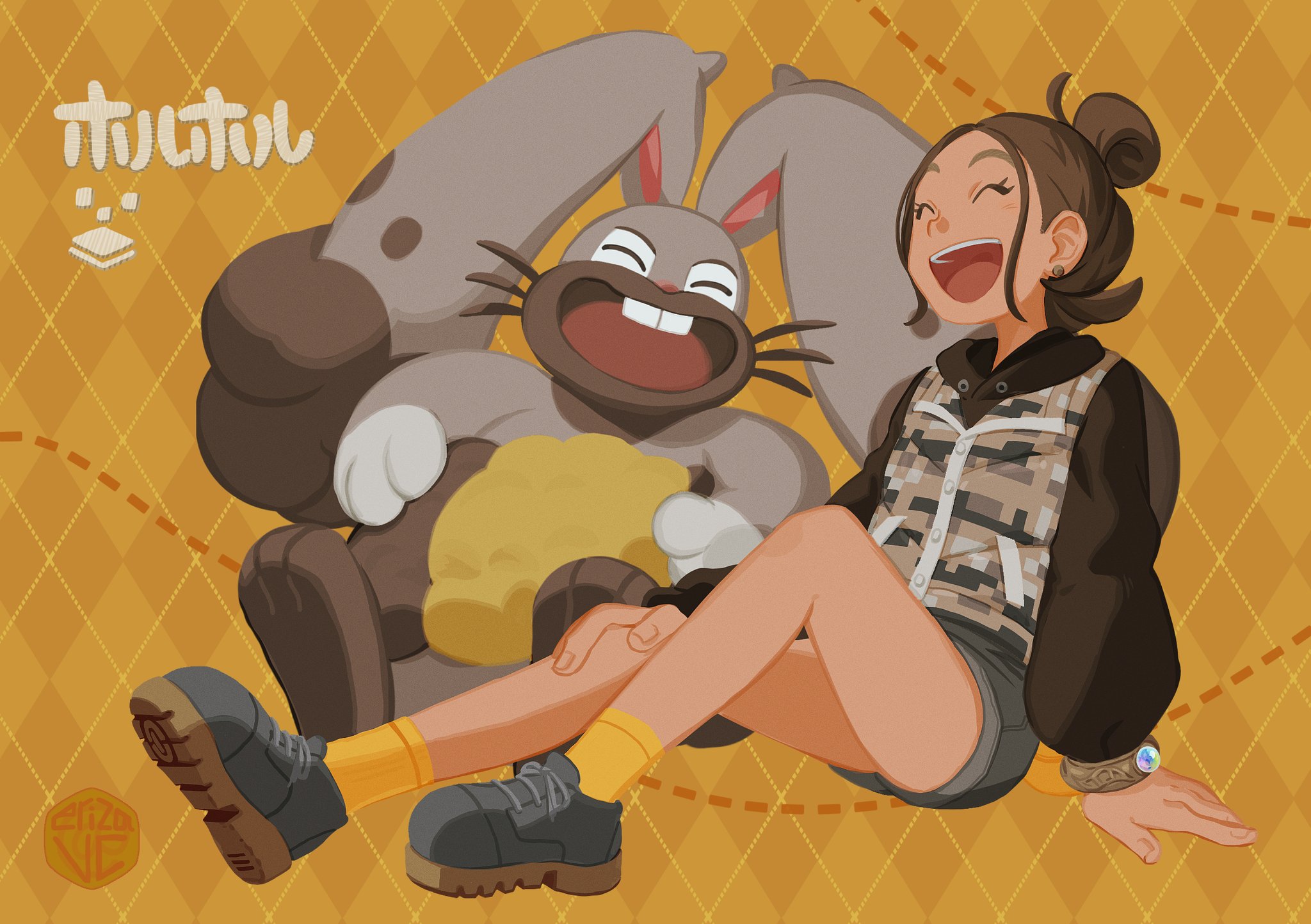 elizabeth (tomas21), diggersby, harmony (pokemon), nintendo, pokemon, pokemon legends: z-a, commentary request, highres, 1girl, :d, ^ ^, alternate costume, bracelet, brown hair, buttons, closed eyes, earrings, eyelashes, gen 6 pokemon, happy, jacket, jewelry, open mouth, pokemon (creature), shoes, short shorts, shorts, sitting, smile, socks, teeth, upper teeth only, yellow background, yellow socks