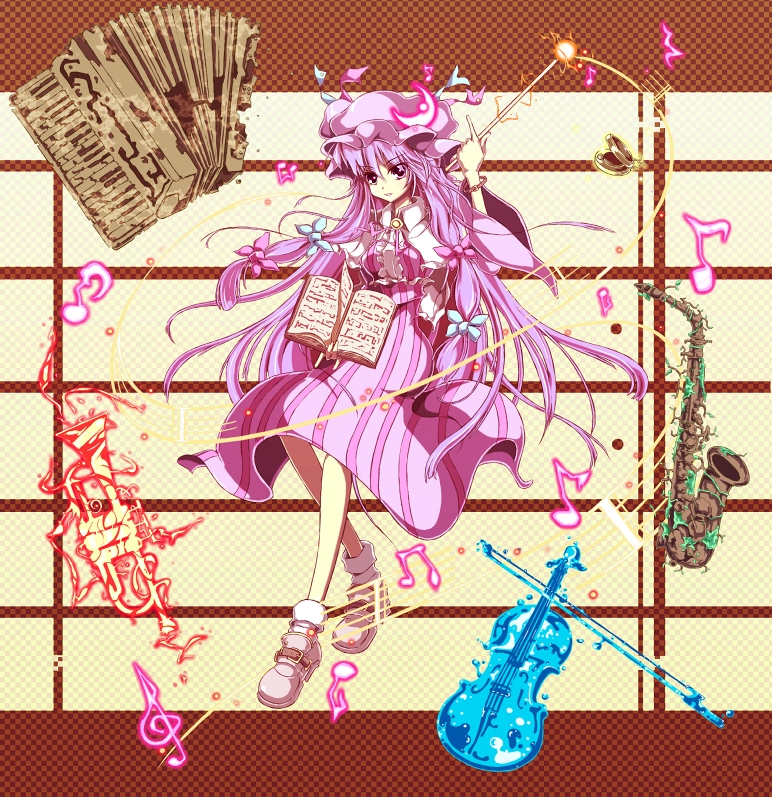 sanshirou, patchouli knowledge, touhou, 1girl, m/, accordion, beamed quavers, book, bracelet, crotchet rest, female focus, hat, holding, instrument, jewelry, long hair, magic, musical note, musical staff, open book, purple eyes, purple hair, quaver, saxophone, sheet music, solo, treble clef, trumpet, violin, wand