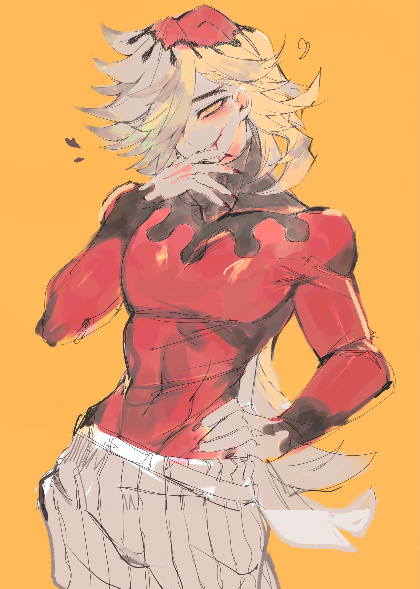 usa37107692, douma (kimetsu no yaiba), kimetsu no yaiba, commentary request, highres, 1boy, blonde hair, blood, blood from mouth, cowboy shot, hair over one eye, hand on own hip, hand up, long hair, long sleeves, looking at viewer, male focus, one eye covered, pants, parted bangs, red shirt, shirt, smile, solo, white pants, yellow background