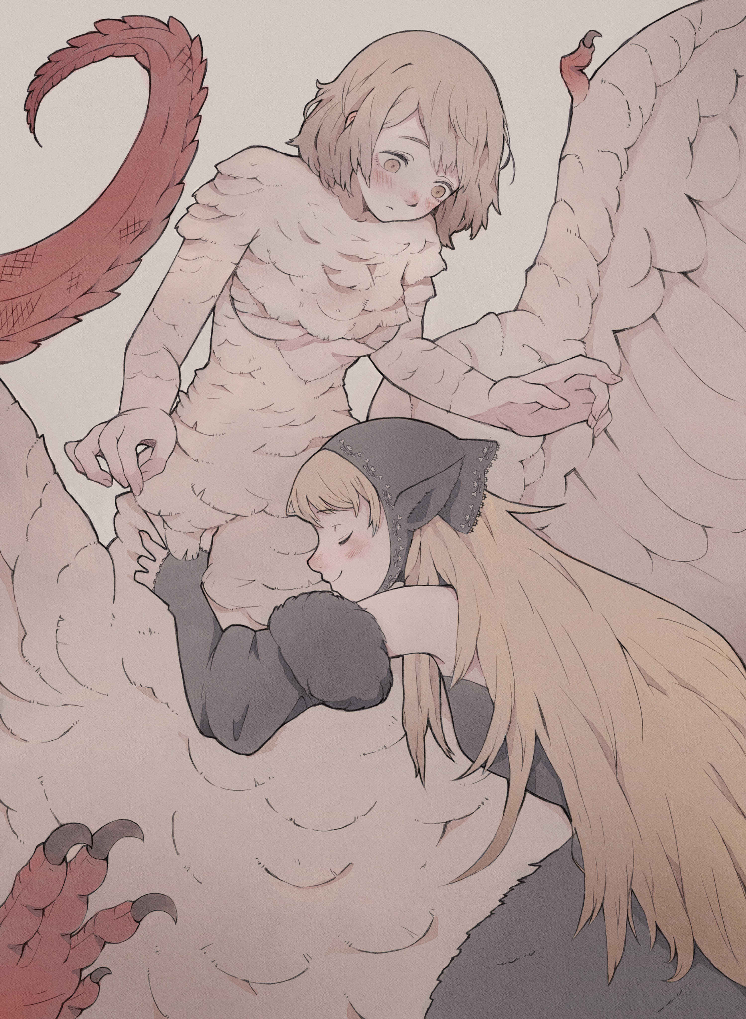 tbjj1208, falin touden, falin touden (chimera), marcille donato, marcille donato (lord), dungeon meshi, absurdres, commentary, hashtag-only commentary, highres, 2girls, black dress, black hood, blonde hair, blush, breasts, chimera, closed eyes, closed mouth, cream background, detached sleeves, dress, ear covers, feathered wings, feathers, hug, lace-trimmed hood, long hair, looking at another, looking down, medium breasts, monster girl, multiple girls, pointy ears, short hair, simple background, tail, talons, wings, yellow eyes, yuri