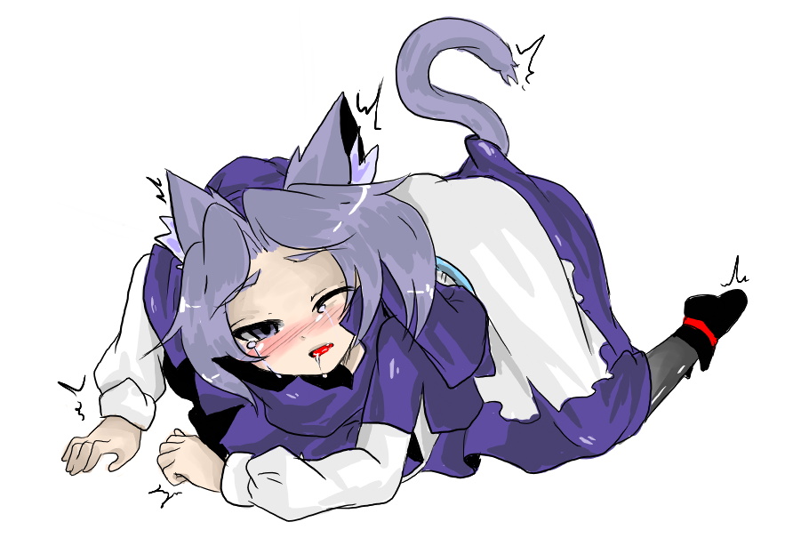 roku hitomi, kumoi ichirin, touhou, bad id, bad pixiv id, 1girl, animal ears, blush, cat ears, cat girl, cat tail, female focus, grey hair, hood, solo, tail, tears