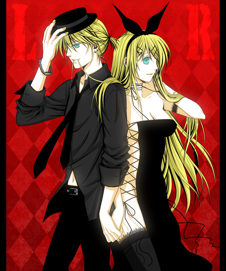 yuuno (yukioka), kagamine len, kagamine rin, vocaloid, bad id, bad pixiv id, 1boy, 1girl, aged up, back-to-back, blonde hair, brother and sister, green eyes, hat, hat tip, siblings, thighhighs, top hat, twins