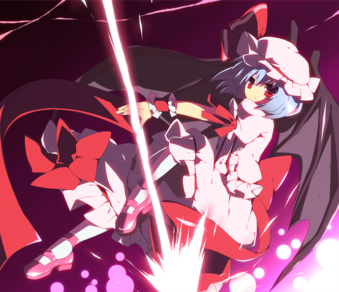 soranagi, remilia scarlet, touhou, 1girl, bat wings, blue hair, female focus, hat, polearm, red eyes, short hair, solo, weapon, wings
