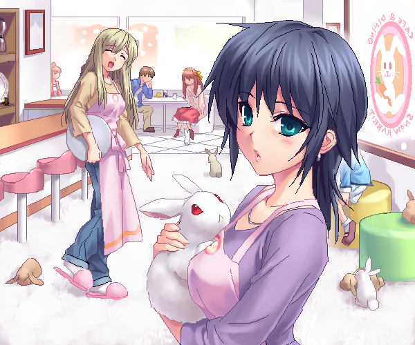 zen, kawasumi mai, kurata sayuri, nagamori mizuka, orihara kouhei, kanon, one – kagayaku kisetsu e, 00s, 1boy, 3girls, :o, ^ ^, aged up, apron, aqua eyes, black hair, blonde hair, blue hair, cafe, closed eyes, earrings, green eyes, jewelry, long hair, multiple girls, necklace, open mouth, rabbit, restaurant, short hair, silver, slippers, smile, tray, waitress