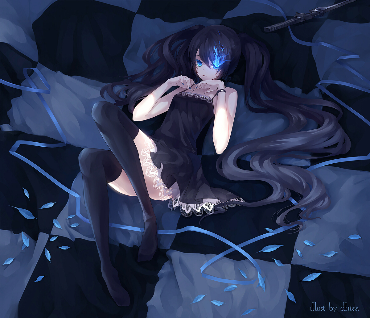 dhiea, black rock shooter (character), black rock shooter, vocaloid, world is mine (vocaloid), bad id, bad pixiv id, derivative work, 1girl, black hair, blue eyes, colored eyelashes, crossover, dress, eyelashes, female focus, glowing, glowing eyes, long hair, looking at viewer, lying, on back, parody, petticoat, solo, sword, thighhighs, twintails, uneven twintails, very long hair, weapon