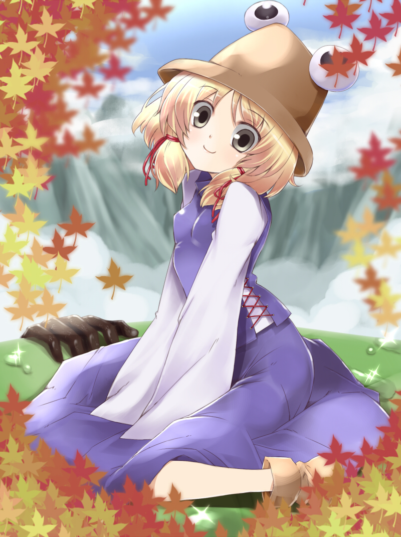 kousou, moriya suwako, touhou, 1girl, blonde hair, female focus, frog, grey eyes, hair ribbon, hat, leaf, long sleeves, maple leaf, ribbon, short hair, sitting, sleeves past wrists, smile, solo, wariza, when you see it, yellow eyes