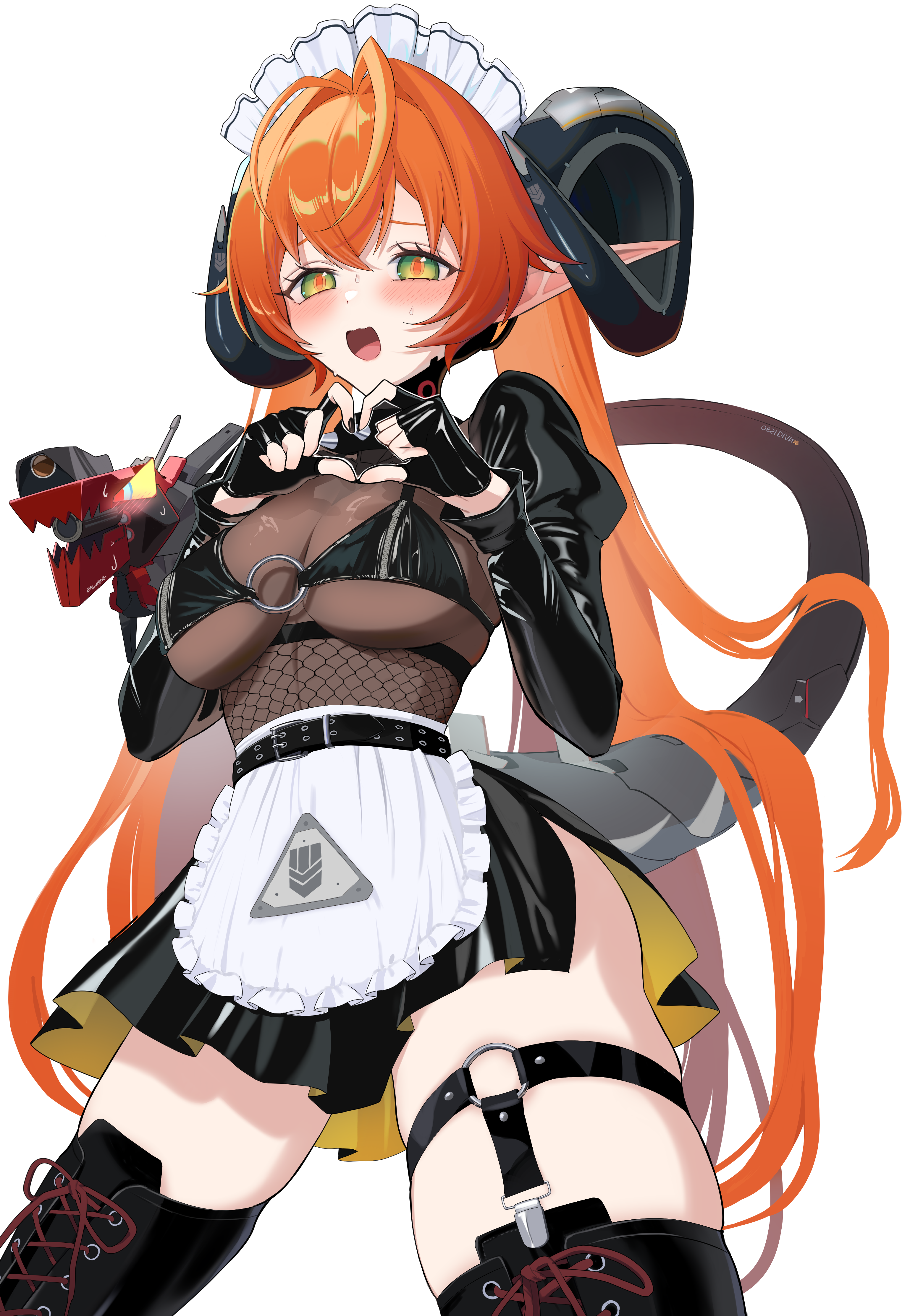 ruaruayana, magus (zenless zone zero), orphie magnusson, zenless zone zero, absurdres, commentary request, highres, 1girl, bikini, black bikini, black boots, black gloves, black horns, black shrug, black skirt, blush, boots, breasts, dragon girl, dragon horns, fingerless gloves, four-finger heart hands, gloves, green eyes, heart, heart hands, horns, large breasts, latex, latex gloves, looking at viewer, mechanical tail, open mouth, orange hair, pointy ears, shrug (clothing), skirt, solo, swimsuit, tail, thighs, white background