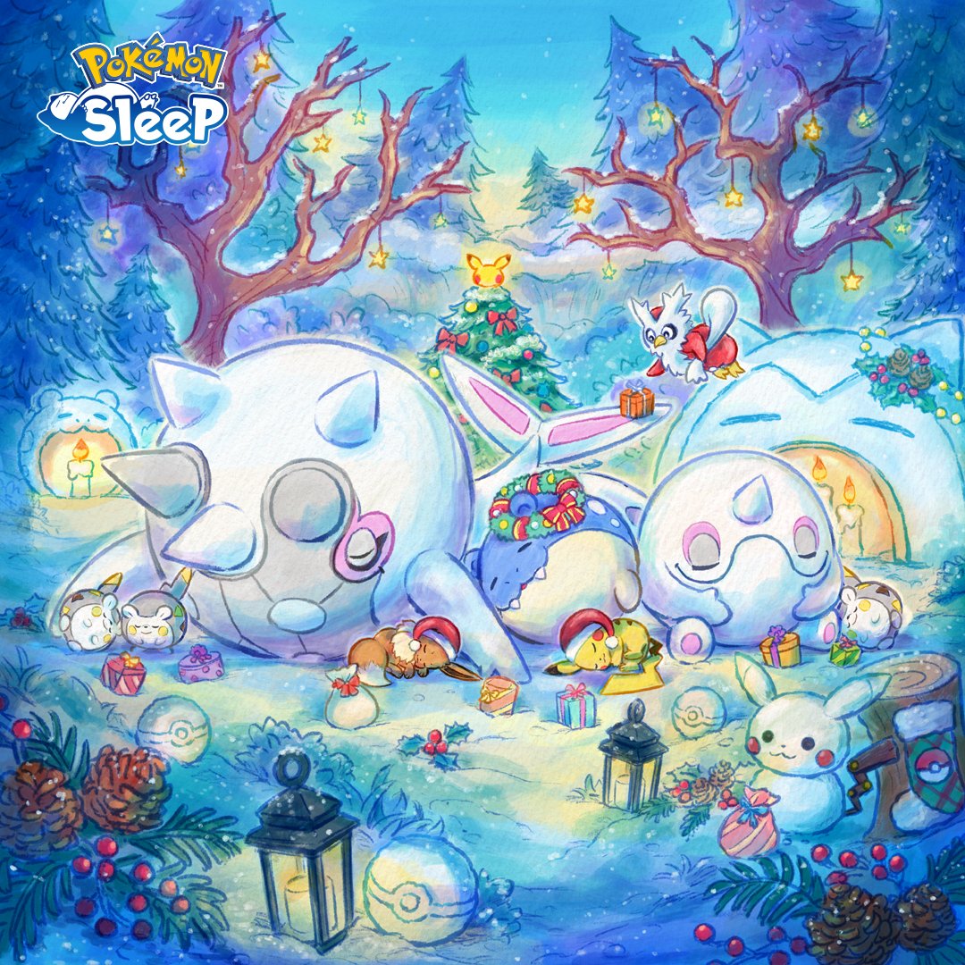 cetitan, cetoddle, delibird, pikachu, spheal, togedemaru, nintendo, pokemon, pokemon sleep, commentary request, official art, bare tree, box, christmas, christmas tree, closed eyes, closed mouth, copyright name, fangs, gen 1 pokemon, gen 2 pokemon, gen 3 pokemon, gen 7 pokemon, gift, gift box, glowing, hat, lying, night, no humans, on side, outdoors, pinecone, pokemon (creature), pokemon focus, santa hat, sleeping, snow sculpture, tree, wreath