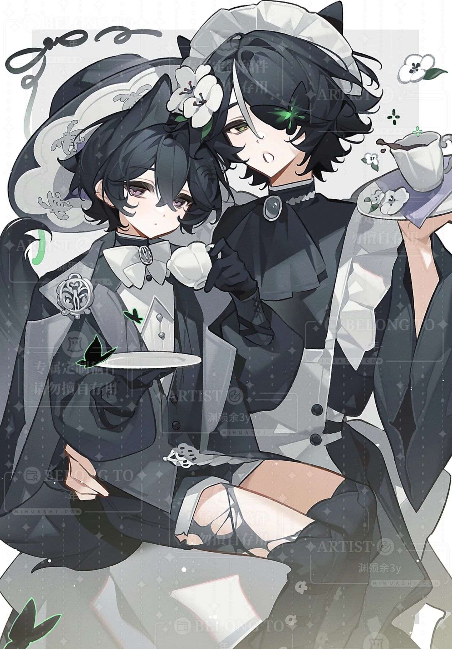 yuanyunyu 3y, original, highres, animal ears, flower, green eyes, hair ornament, hair over one eye, hat, holding, long sleeves, looking at viewer, male focus, short hair, sitting