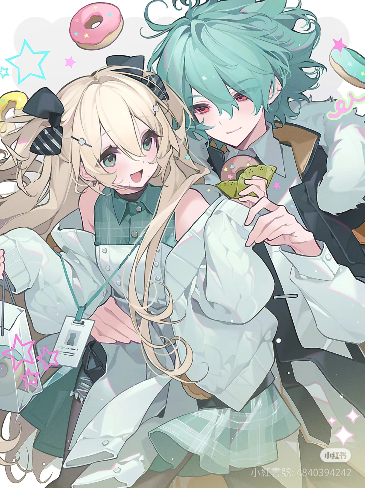 yuanyunyu 3y, highres, 1boy, 1girl, blonde hair, blush, dress, green eyes, green hair, hair ornament, long hair, long sleeves, looking at viewer, open mouth, red eyes, ribbon, smile