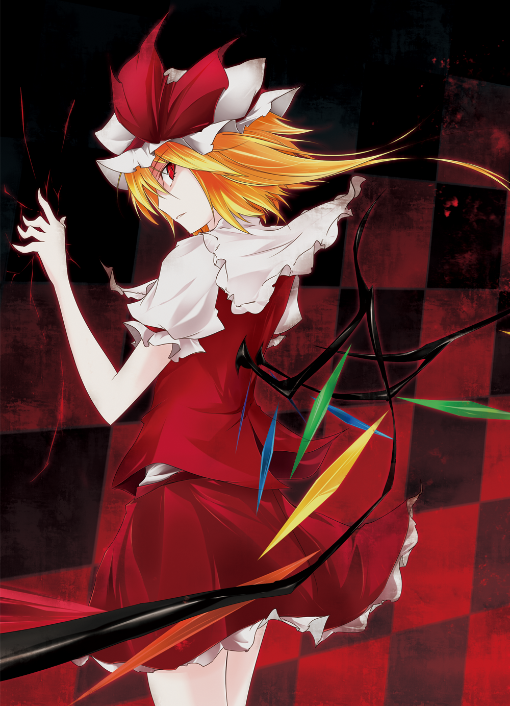 kanaria (fuusenkazura), flandre scarlet, touhou, bad id, bad pixiv id, highres, 1girl, blonde hair, blouse, female focus, hat, mob cap, one side up, red eyes, shirt, short hair, side ponytail, solo, white hat, white shirt, wings
