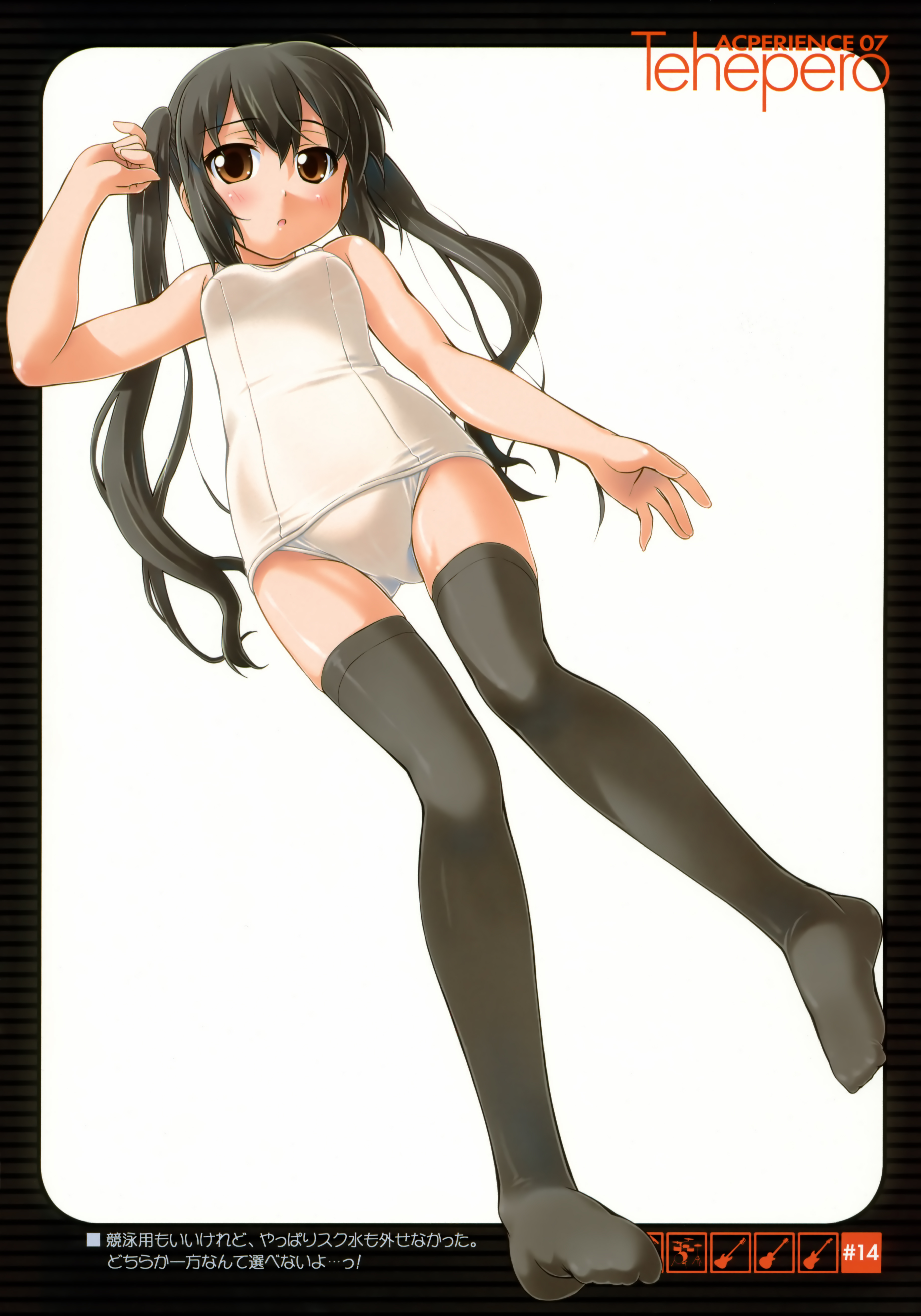 bakutendou, nakano azusa, k-on!, absurdres, highres, 00s, 1girl, black hair, black thighhighs, blush, brown eyes, female focus, long hair, lying, one-piece swimsuit, open mouth, school swimsuit, socks, solo, swimsuit, tehepero, thighhighs, twintails, white one-piece swimsuit, white school swimsuit