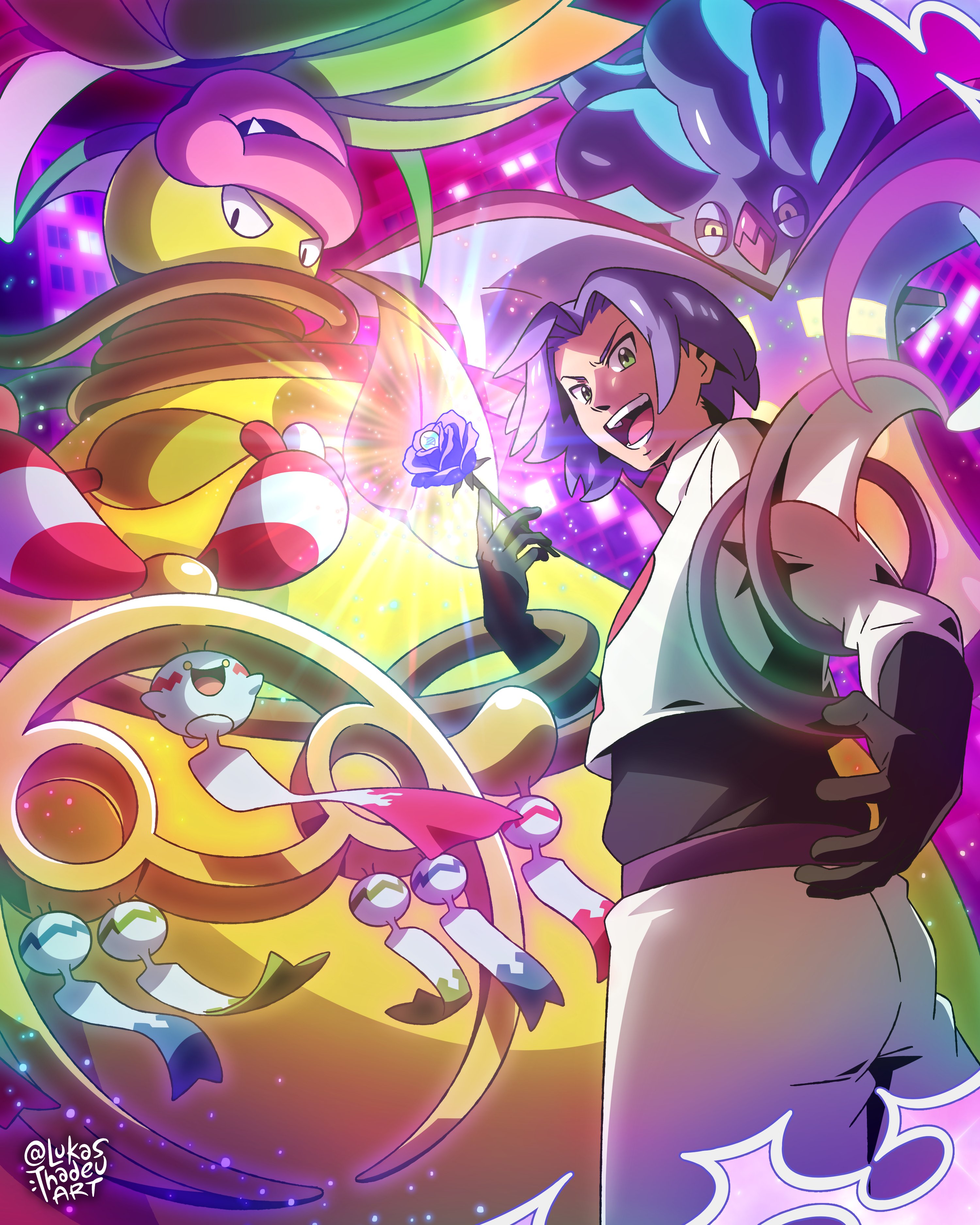 lukas thadeu, chimecho, james (pokemon), malamar, mega chimecho, mega malamar, mega victreebel, victreebel, nintendo, pokemon, pokemon (anime), pokemon (classic anime), pokemon legends: z-a, absurdres, commentary, english commentary, highres, 1boy, beak, black gloves, black sclera, blue hair, closed mouth, colored sclera, colored skin, fangs, flower, gen 1 pokemon, gen 3 pokemon, gen 6 pokemon, gloves, green eyes, holding, holding flower, leaf, mega pokemon, mega stone, open mouth, pants, pink lips, plant, pokemon (creature), shirt, smile, squid, team rocket, team rocket uniform, teeth, tentacles, vines, white pants, white shirt, wind chime, yellow eyes, yellow sclera, yellow skin