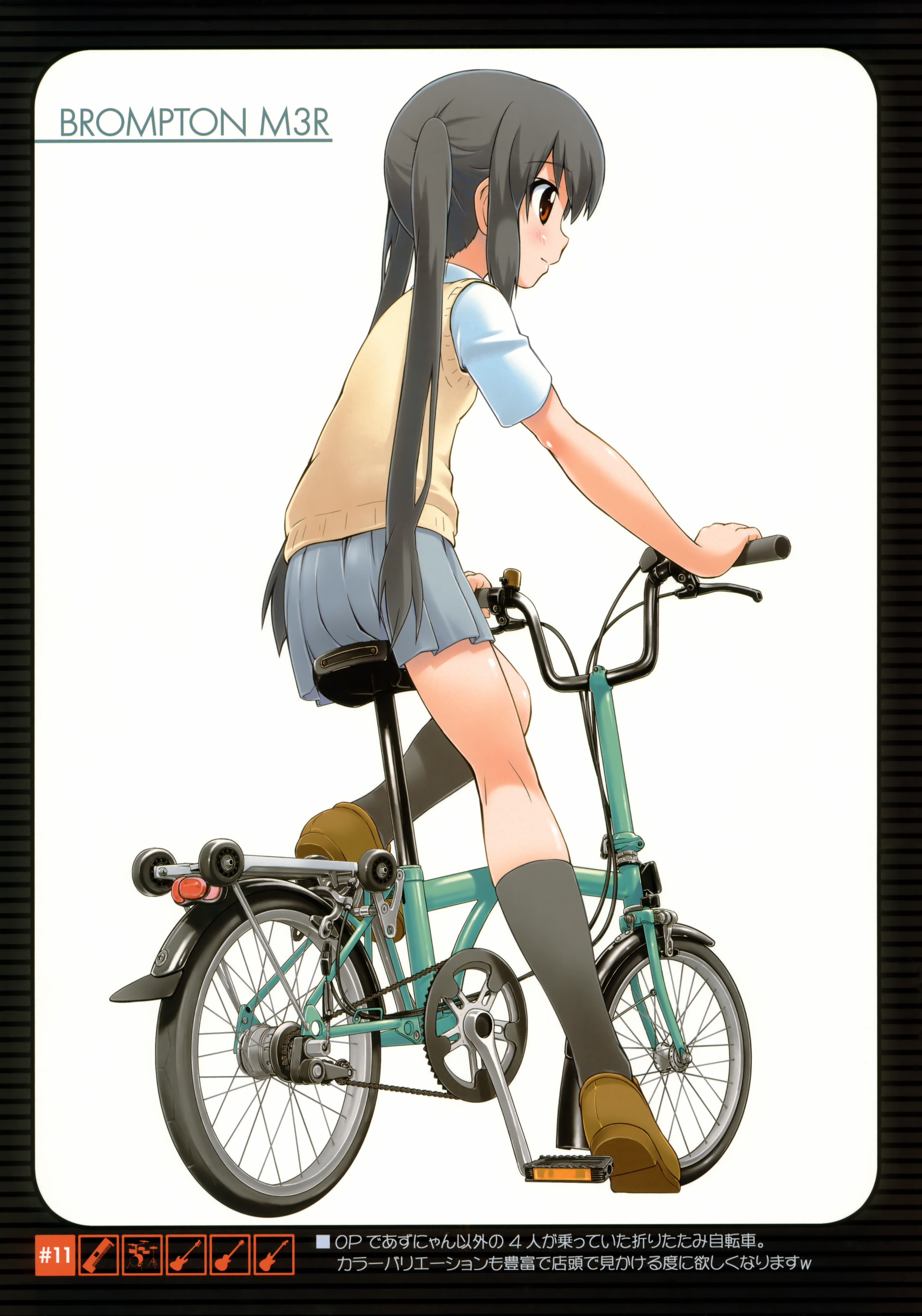bakutendou, nakano azusa, k-on!, absurdres, highres, 00s, 1girl, bicycle, black hair, black socks, blush, brown eyes, female focus, folding bicycle, kneehighs, long hair, school uniform, shoes, skirt, smile, socks, solo, tehepero, twintails, white background
