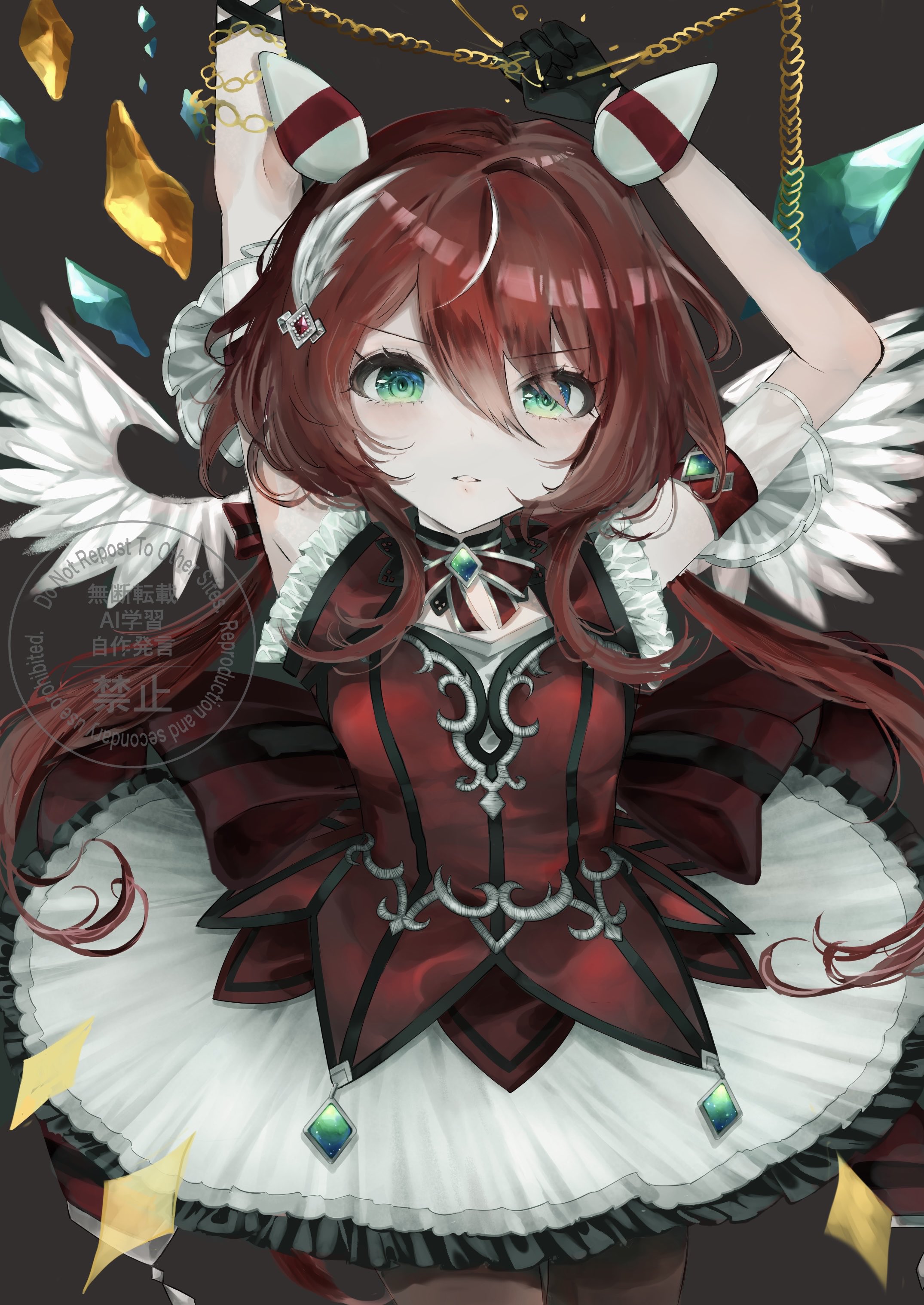 win variation (dramatic tutu) (umamusume), win variation (umamusume), umamusume, absurdres, commentary request, highres, 1girl, animal ears, arms up, black gloves, black pantyhose, blush, breasts, dress, ear covers, ear ornament, feather hair ornament, feathers, gloves, green eyes, hair between eyes, hair ornament, horse ears, horse girl, long hair, looking at viewer, low twintails, pantyhose, parted lips, re tie, red dress, red hair, sleeveless, small breasts, solo, tracen training uniform, twintails, white wings, wings