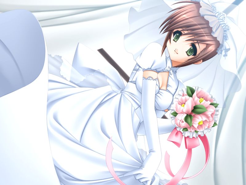 milkyway3, bad tag, game cg, tagme, 1girl, bouquet, bride, brown hair, dress, female focus, flower, green eyes, solo, wedding dress