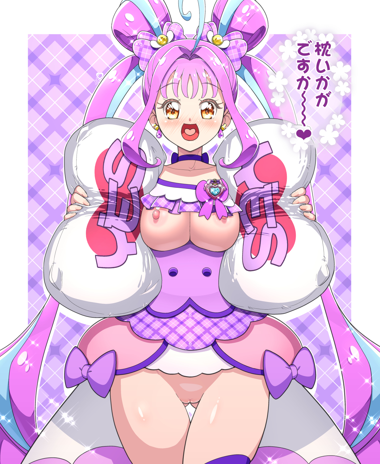 kohsaka jun, cure kyunkyun, kimi to idol precure, precure, commentary request, highres, 1girl, blue hair, blush, bottomless, bow, breasts, breasts out, casting couch, choker, dress, earrings, hair bow, hair ornament, heart, heart in mouth, holding, holding pillow, jewelry, large breasts, long hair, looking at viewer, multicolored hair, nipples, open mouth, pillow, pink bow, pink dress, pink hair, purple choker, purple thighhighs, pussy, smile, solo, thighhighs, twintails, yellow eyes, yes-no pillow