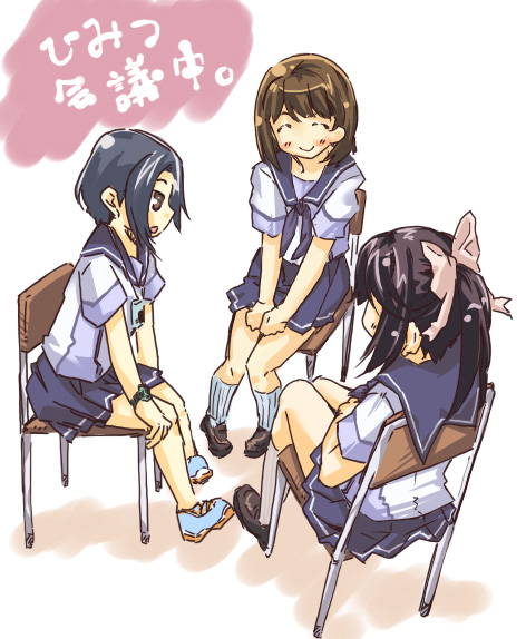 takamura kazuha, takamura kazuwa, anegasaki nene, kobayakawa rinko, takane manaka, love plus, 3girls, chair, multiple girls, school uniform, serafuku, simple background, sitting