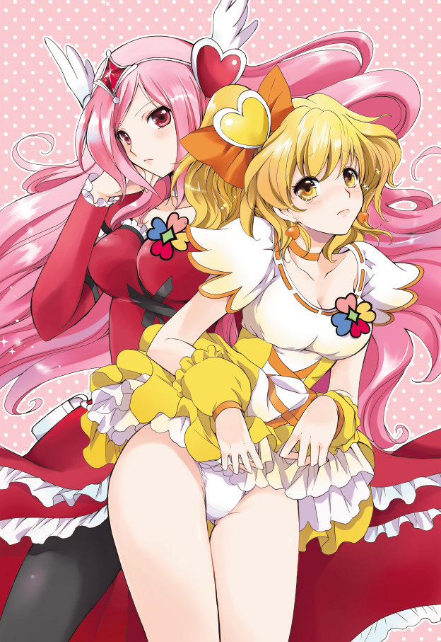 akina tsukako, cure passion, cure pine, higashi setsuna, yamabuki inori, fresh precure!, precure, 00s, 2girls, blonde hair, blush, clothes lift, dress, dress lift, earrings, hair ornament, heart, heart hair ornament, jewelry, long hair, magical girl, multiple girls, panties, pink hair, red eyes, short hair, skirt, skirt lift, tears, underwear, yellow eyes