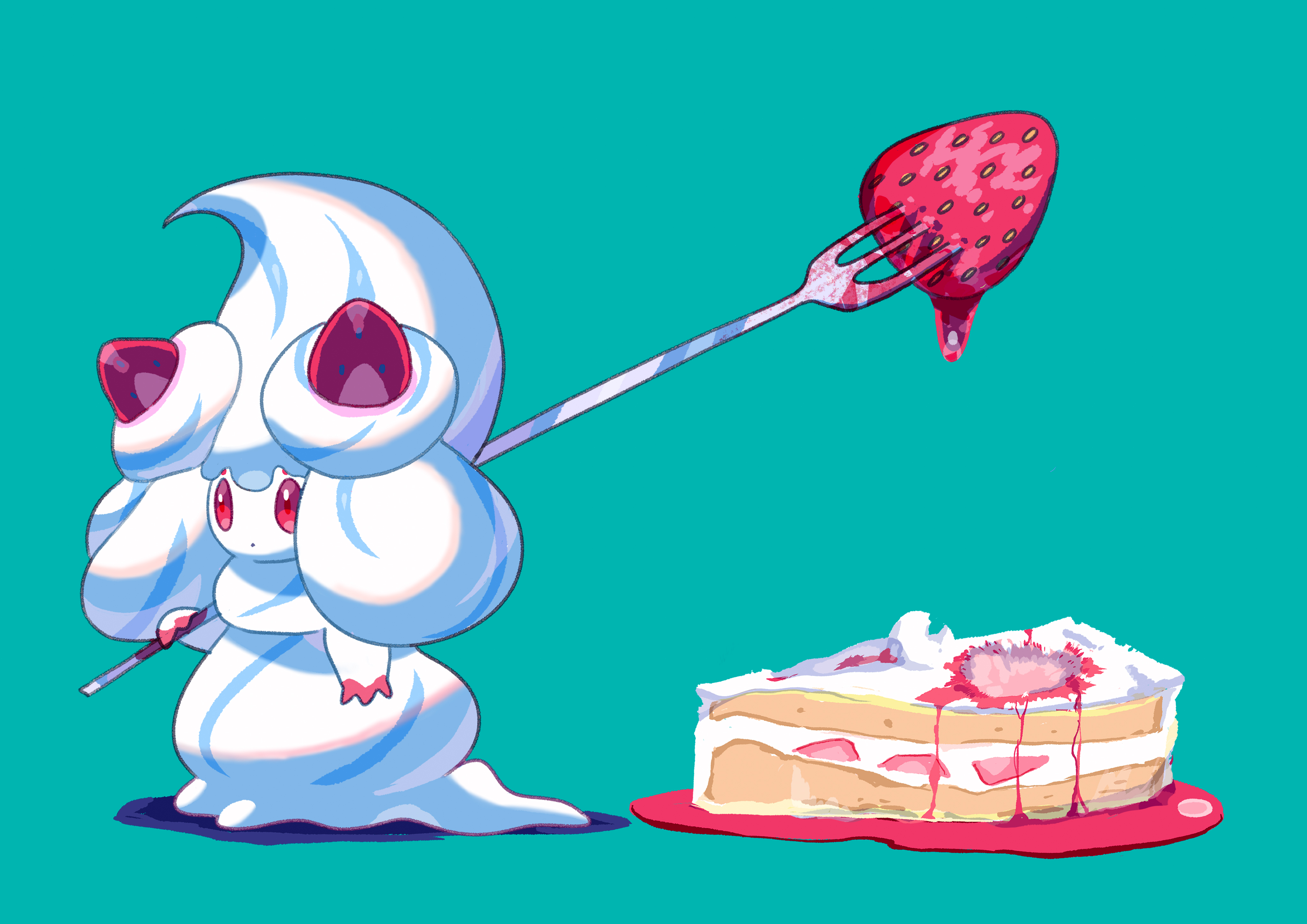saiku (zvlku), alcremie, alcremie (salted cream), alcremie (strawberry sweet), nintendo, pokemon, absurdres, highres, cake, creature as food, food, food-themed creature, food-themed hair ornament, fork, fruit, gen 8 pokemon, hair ornament, holding, holding fork, no humans, pokemon (creature), pokemon focus, red eyes, strawberry, strawberry hair ornament