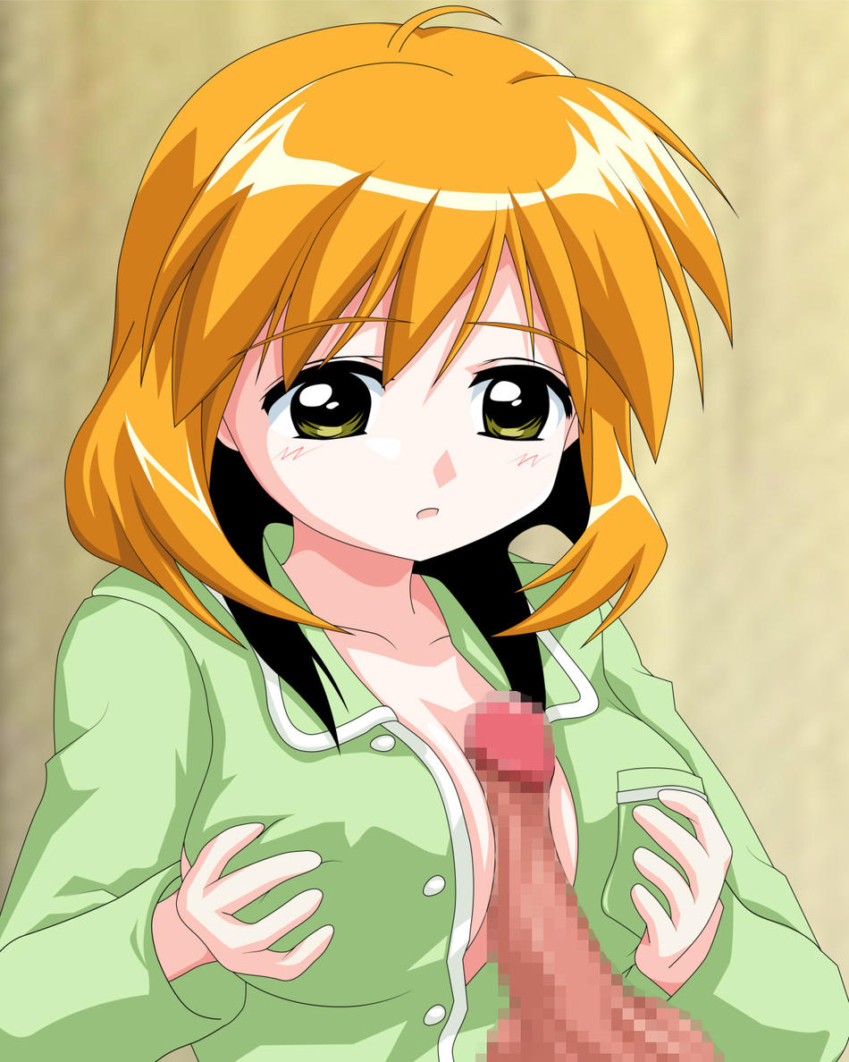 andou minawa, mahoromatic, blush, breasts, censored, green eyes, open clothes, open shirt, orange hair, paizuri, pajamas, penis, shirt, short hair