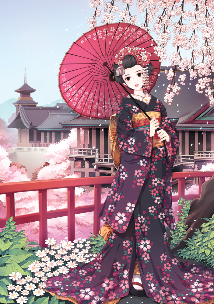 nardack, original, bad id, bad pixiv id, 1girl, cherry blossoms, female focus, floral print, floral print kimono, flower, geta, hair ornament, japanese clothes, kimono, nihongami, oil-paper umbrella, okobo, parasol, platform sandals, print kimono, sandals, solo, umbrella