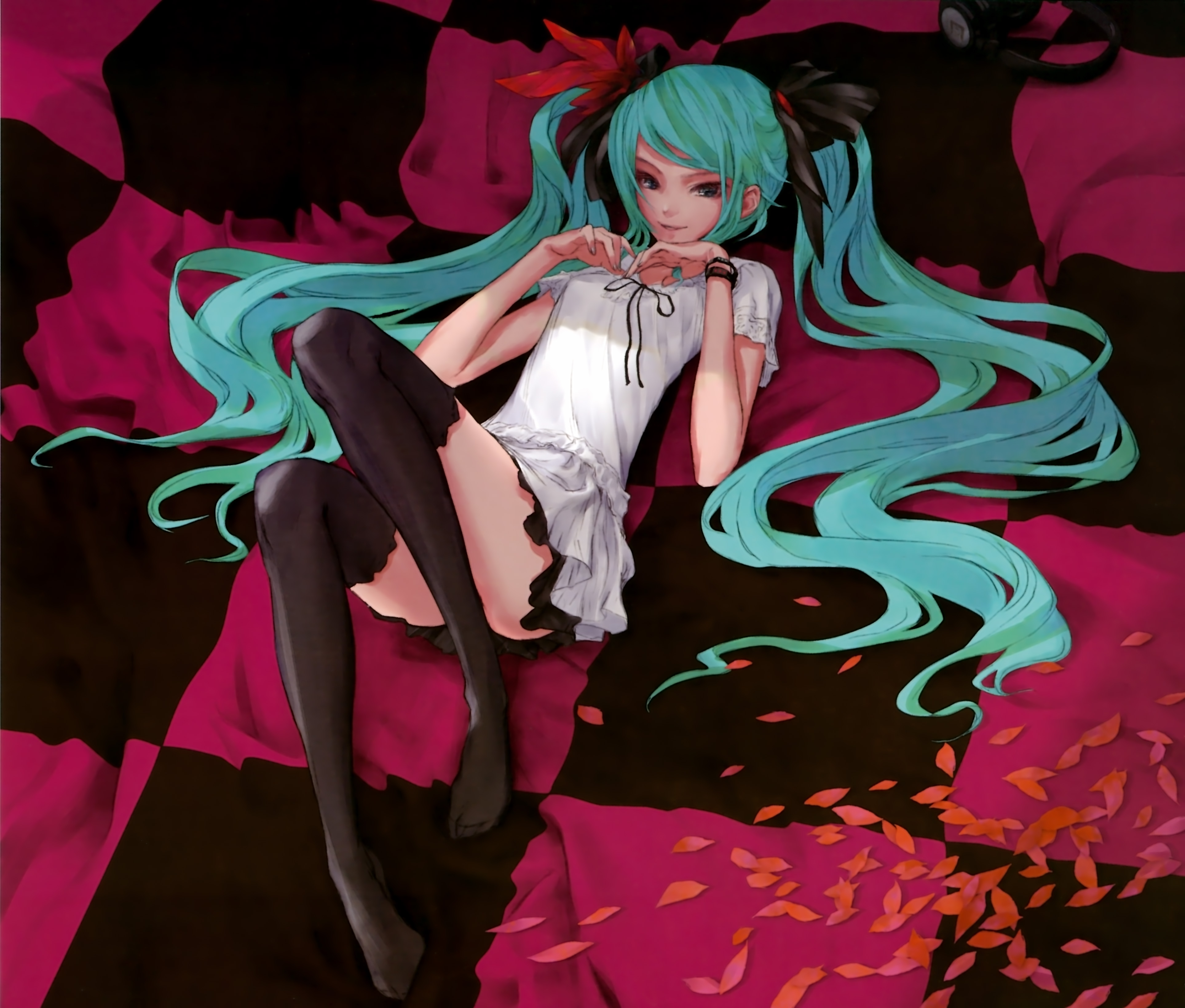 redjuice, hatsune miku, hatsune miku (supreme), vocaloid, world is mine (vocaloid), absurdres, highres, reference work, scan, 1girl, black thighhighs, female focus, full body, green hair, headphones, long hair, lying, petals, solo, swept bangs, thighhighs, twintails, very long hair, zettai ryouiki