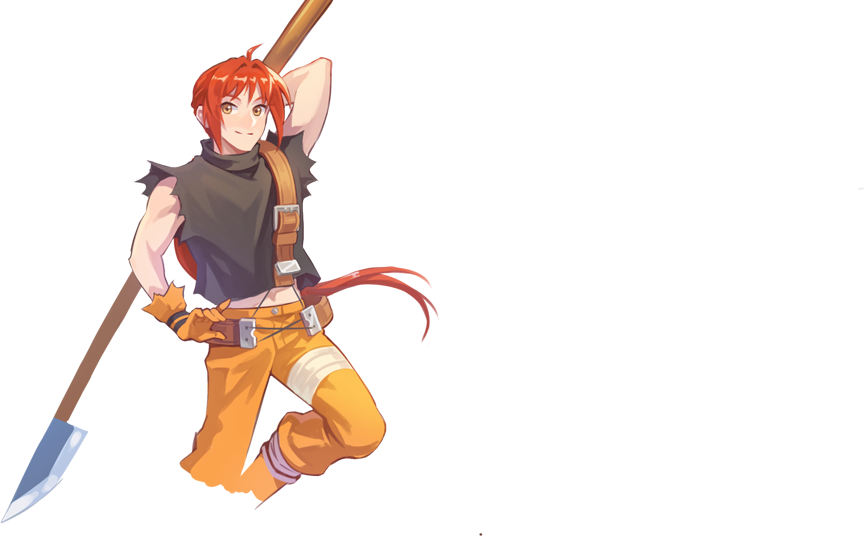 sivelin uuo, nexon, tales weaver, archived source, artist request, official art, second-party source, unfinished, 1boy, ahoge, belt, belt buckle, black shirt, brown belt, buckle, buttons, closed mouth, gloves, hair intakes, holding, holding behind back, holding polearm, holding weapon, holding weapon behind back, large belt, long hair, looking to the side, loose belt, male focus, midriff, muscular, muscular male, open hand, orange gloves, orange pants, pants, polearm, ponytail, red hair, shirt, shoulder belt, sidelocks, simple background, sleeveless, sleeveless shirt, smile, solo, spear, split mouth, torn clothes, torn gloves, torn shirt, transparent background, very long hair, weapon, yellow eyes