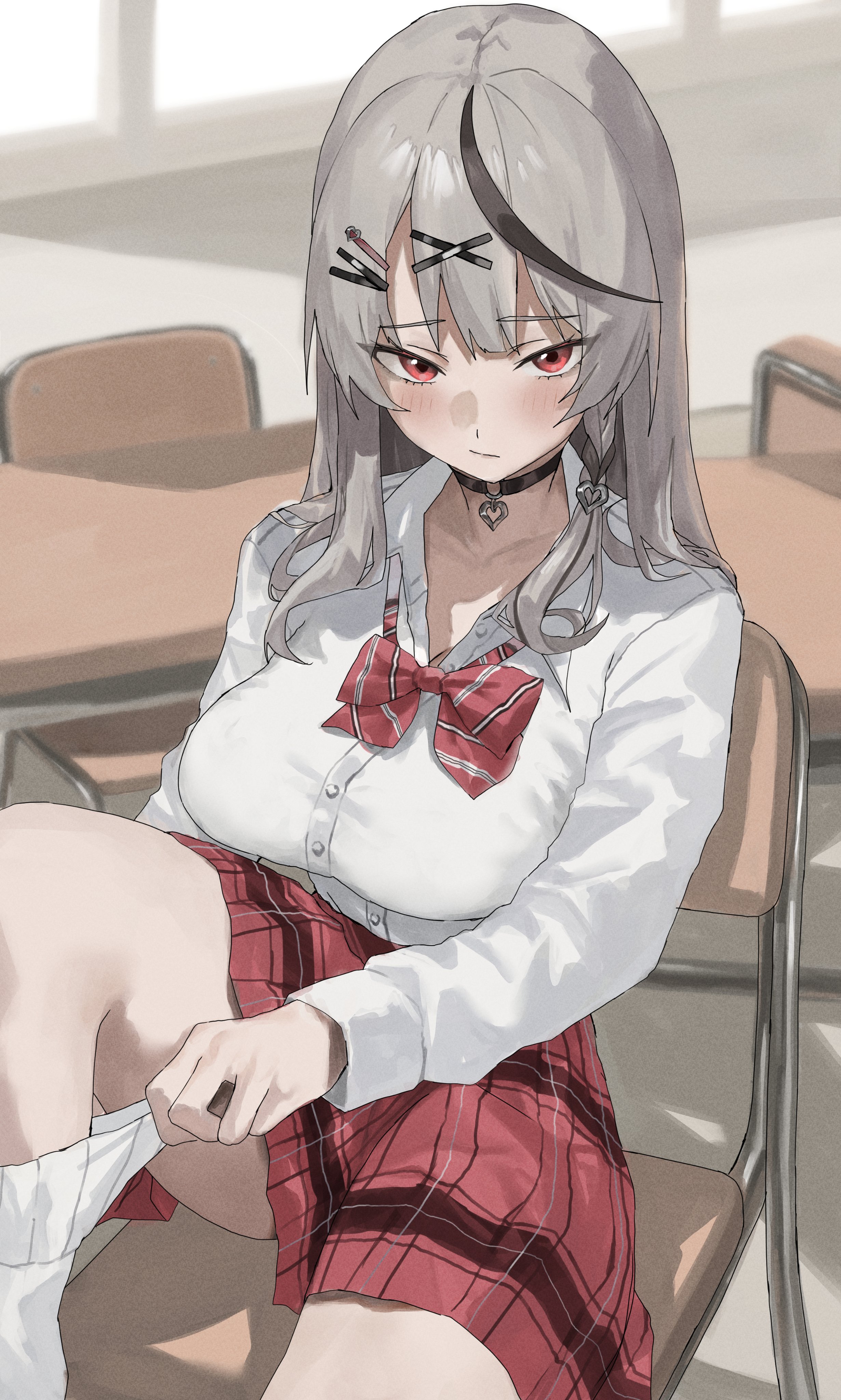 nekoshima kaede, sakamata chloe, hololive, absurdres, commentary request, highres, 1girl, adjusting clothes, adjusting sock, alternate costume, black choker, black hair, breasts, choker, collared shirt, grey hair, hair ornament, hairclip, heart, heart choker, large breasts, long hair, looking at viewer, multicolored hair, pleated skirt, red eyes, red skirt, school uniform, shirt, skirt, socks, solo, streaked hair, white shirt, white socks, x hair ornament