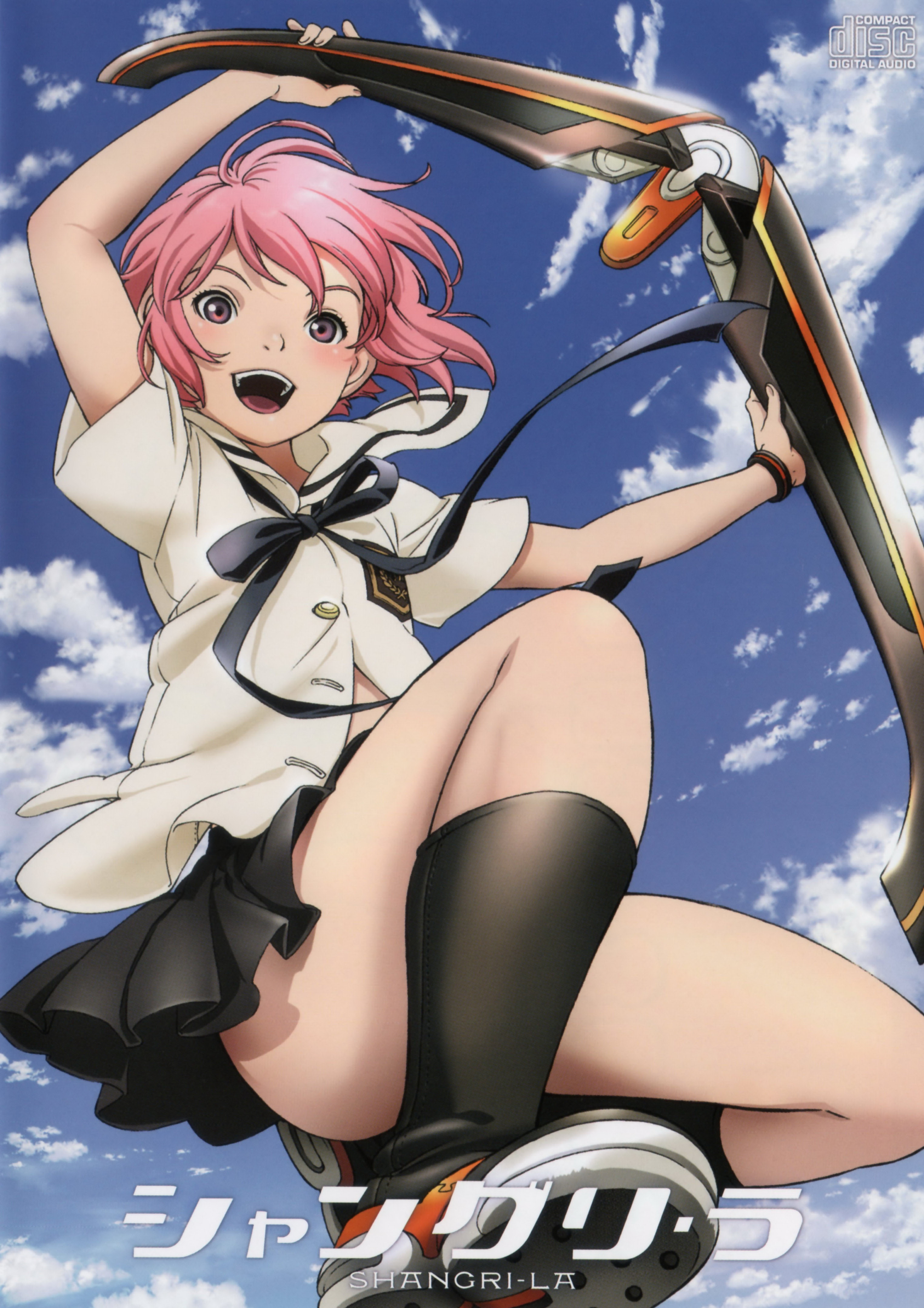 houjou kuniko, shangri-la, absurdres, highres, official art, scan, 00s, 1girl, blush, boomerang, boots, bow, bracelet, cloud, cover, day, dvd cover, female focus, jewelry, open mouth, outdoors, pink hair, pleated skirt, purple eyes, ribbon, school uniform, short hair, skirt, sky, smile, solo, unbuttoned, weapon