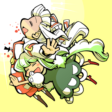 hounori, ex-keine, fujiwara no mokou, kamishirasawa keine, touhou, silver hair, bad id, bad pixiv id, lowres, 2girls, arrow (symbol), blood, bow, caved (touhou), female focus, green hair, hair bow, hair ribbon, horns, impaled, long hair, multiple girls, ribbon, suspenders, tail